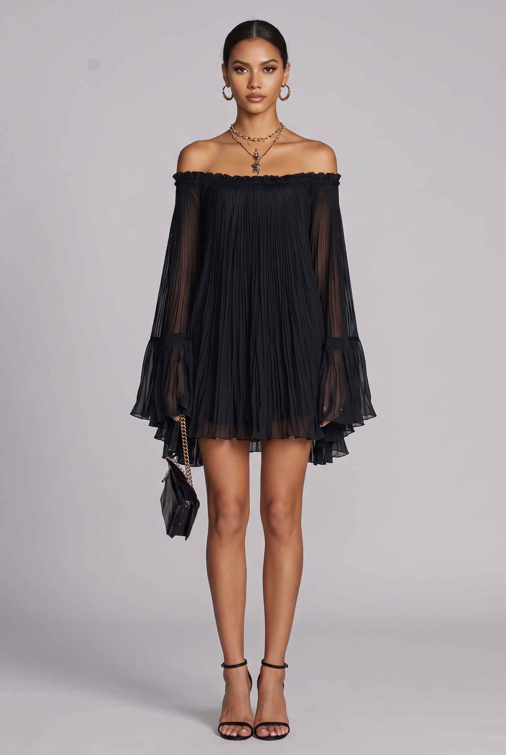 Virtual Model wearing The Valentina Chiffon Dress Pleated Off-Shoulder Bell-Sleeve Black Dress
