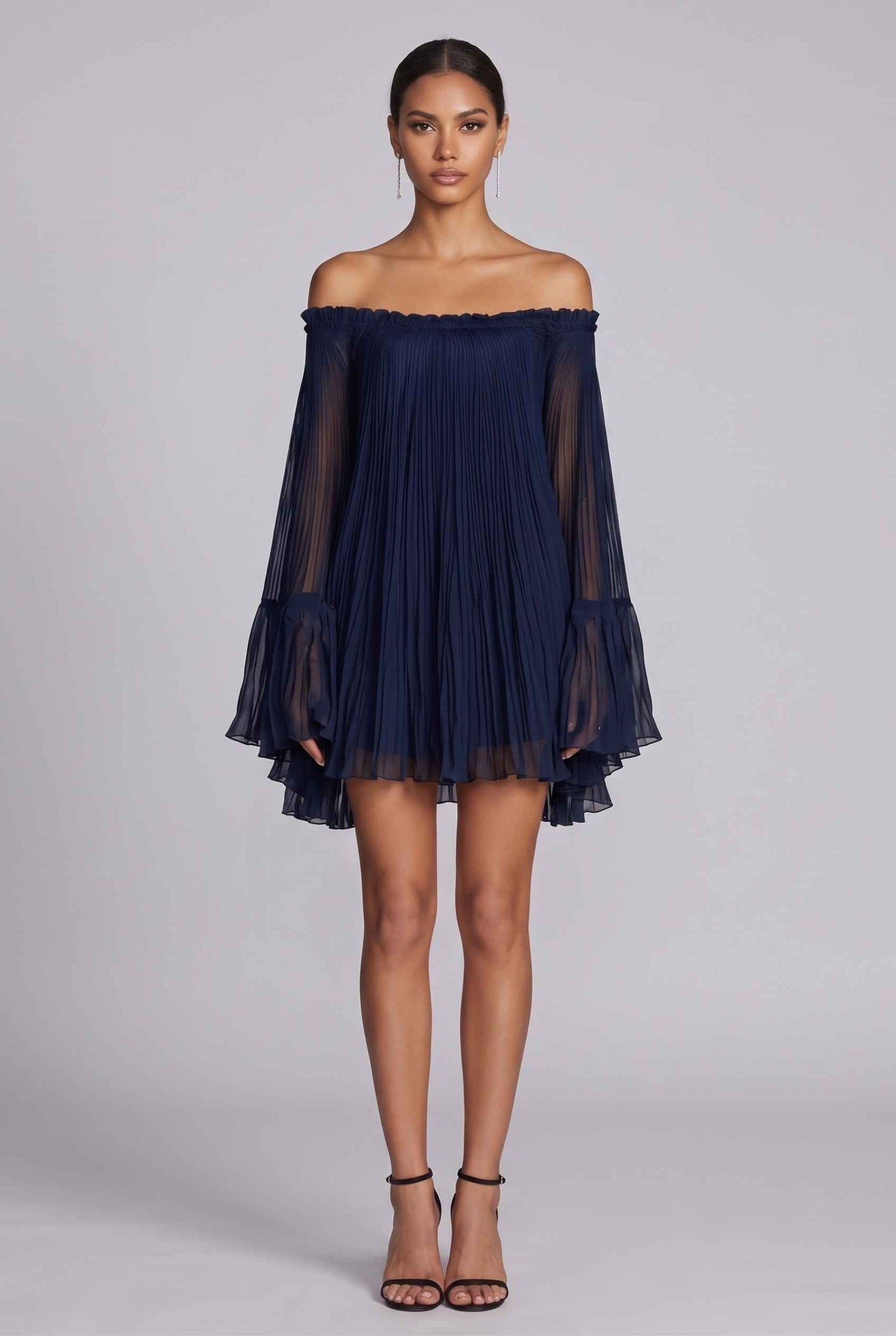 Virtual Model wearing The Valentina Chiffon Dress Pleated Off-Shoulder Bell-Sleeve Navy Dress