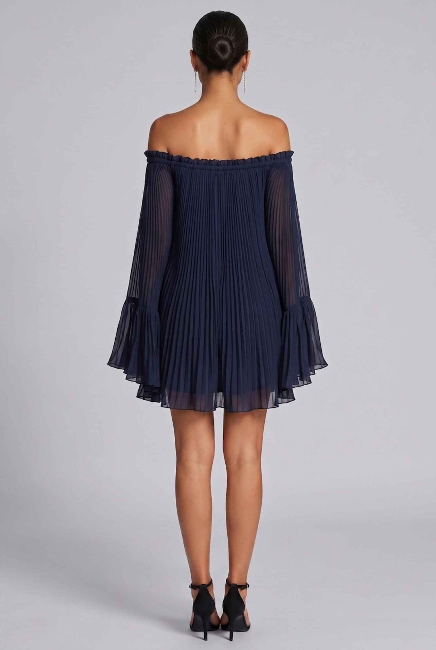 Virtual Model wearing The Valentina Chiffon Dress Pleated Off-Shoulder Bell-Sleeve Navy Dress
