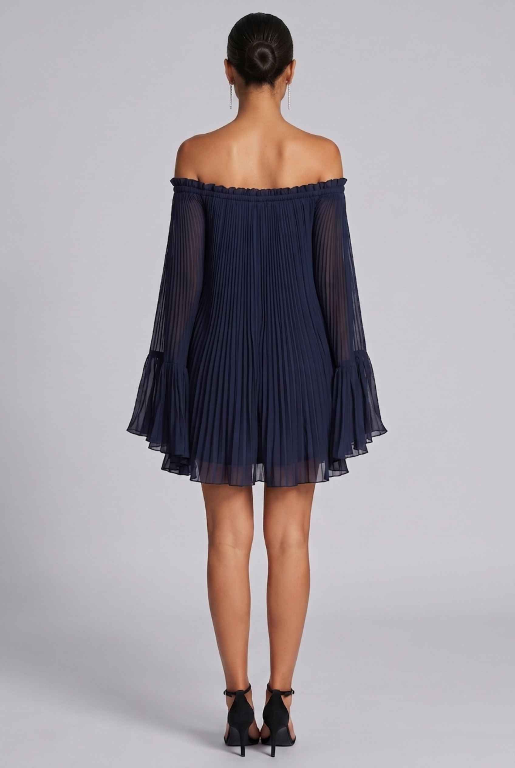 Virtual Model wearing The Valentina Chiffon Dress Pleated Off-Shoulder Bell-Sleeve Navy Dress