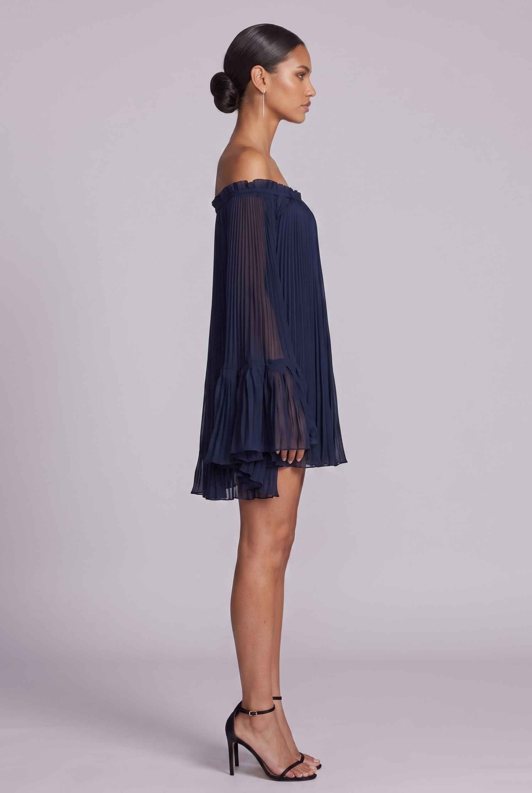 Virtual Model wearing The Valentina Chiffon Dress Pleated Off-Shoulder Bell-Sleeve Navy Dress