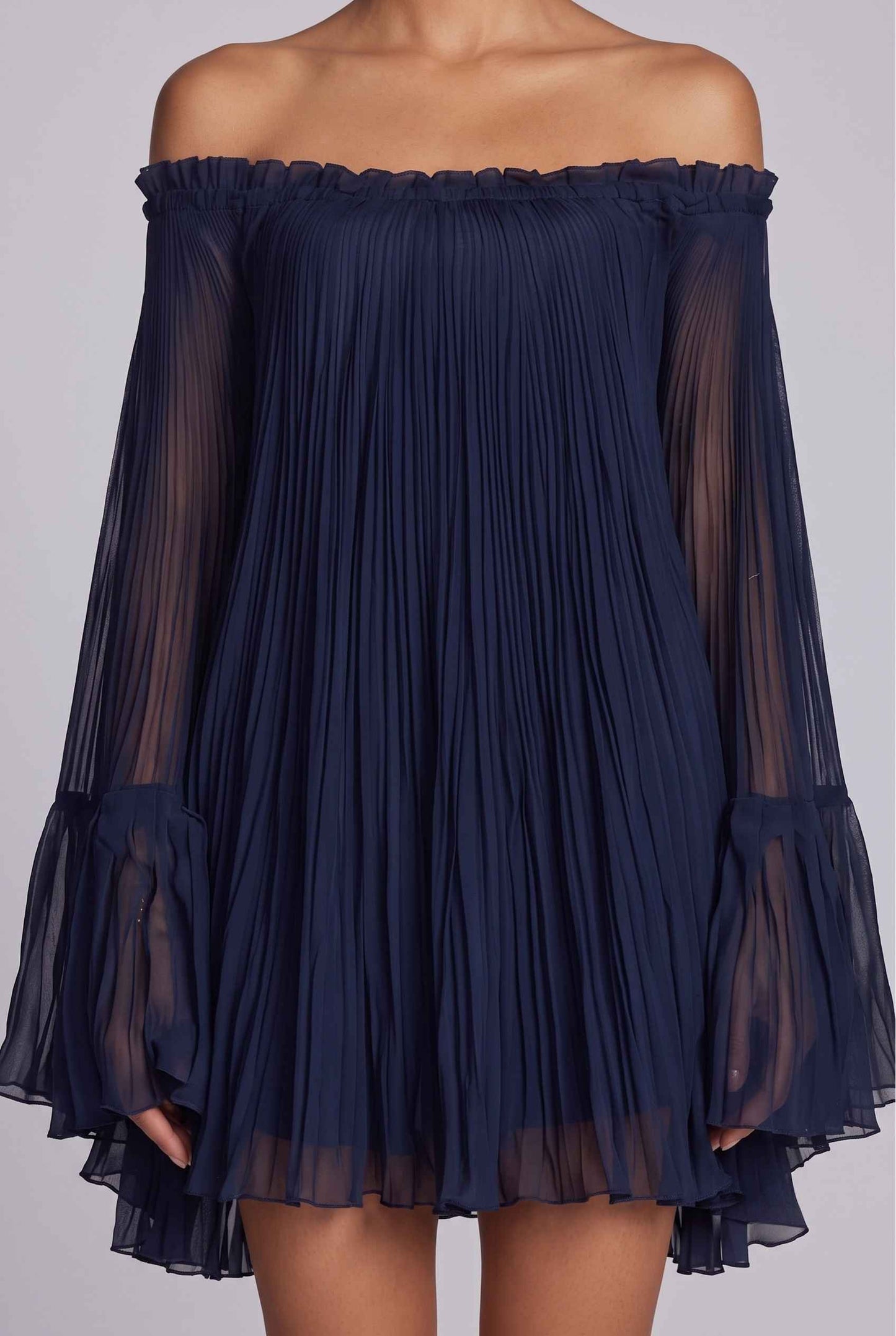 Virtual Model wearing The Valentina Chiffon Dress Pleated Off-Shoulder Bell-Sleeve Navy Dress