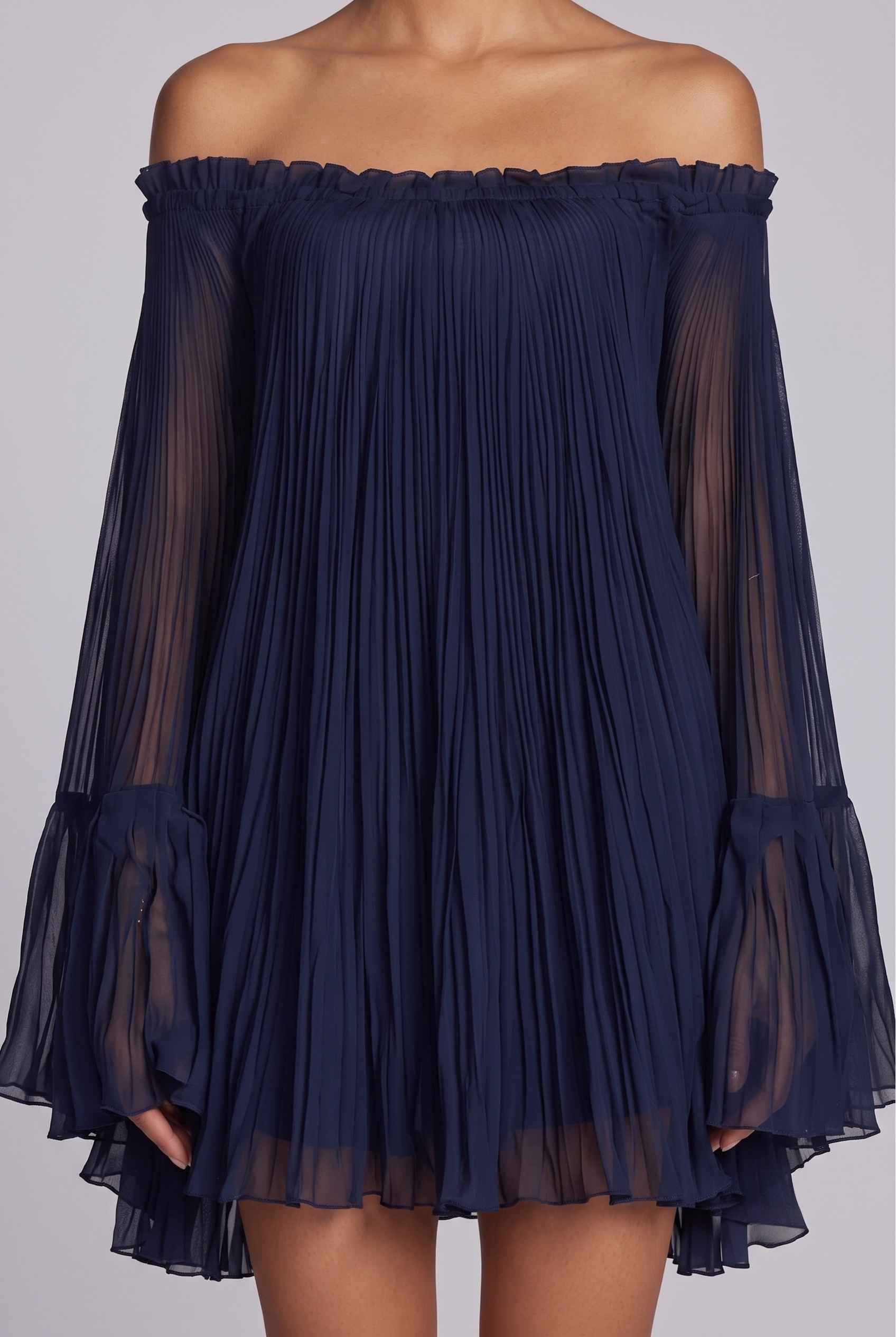 Virtual Model wearing The Valentina Chiffon Dress Pleated Off-Shoulder Bell-Sleeve Navy Dress