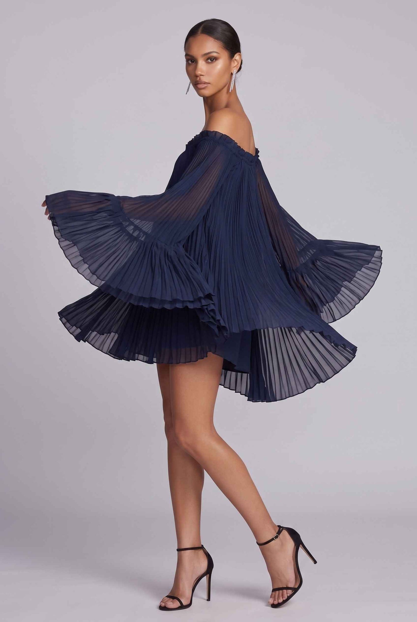 Virtual Model wearing The Valentina Chiffon Dress Pleated Off-Shoulder Bell-Sleeve Navy Dress