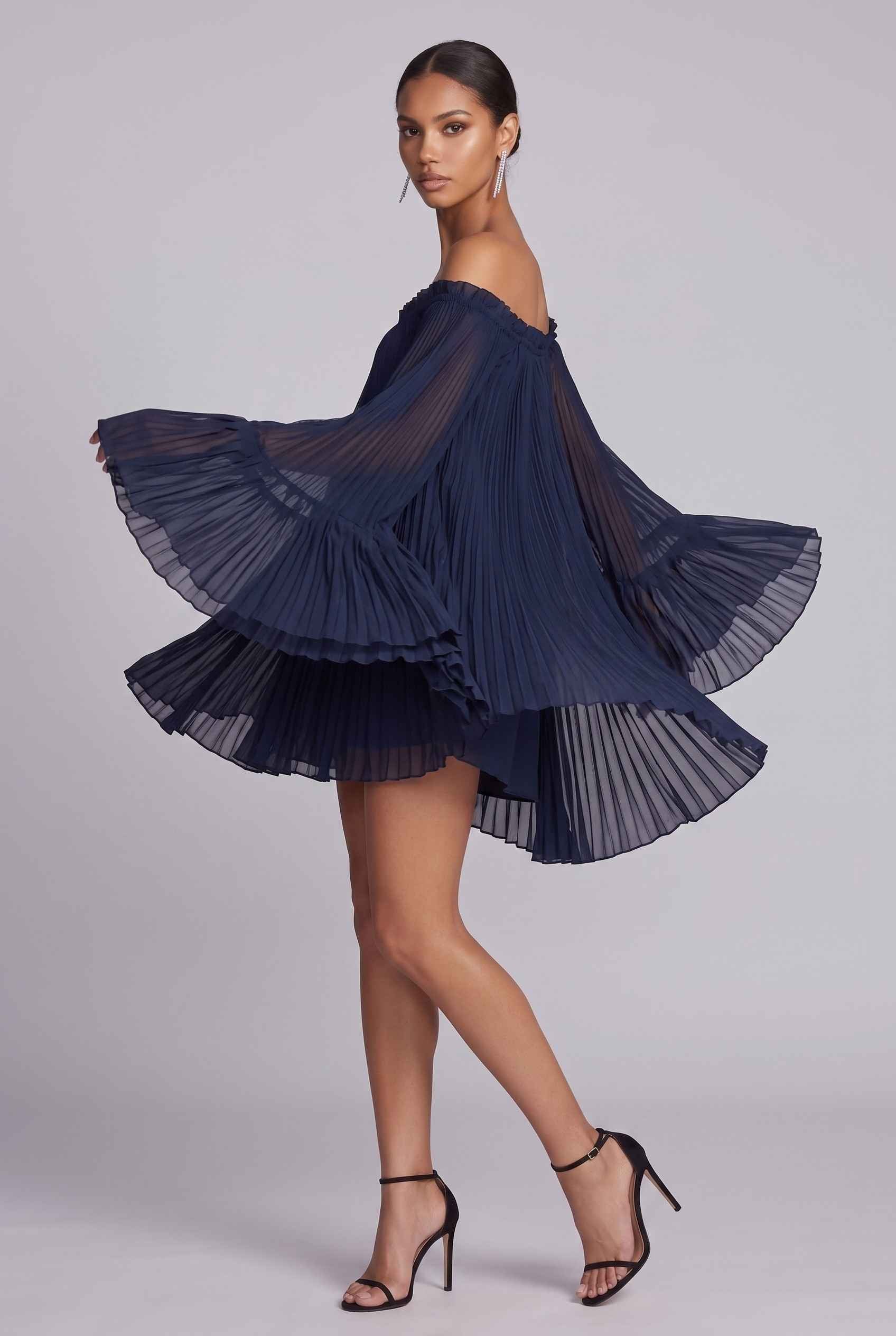 Virtual Model wearing The Valentina Chiffon Dress Pleated Off-Shoulder Bell-Sleeve Navy Dress