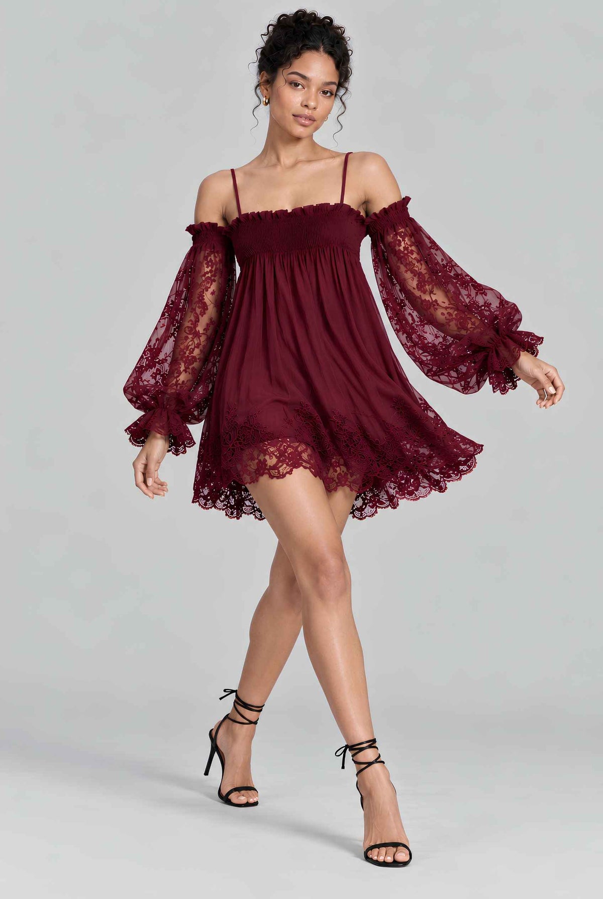 Virtual model wearing The Valentina Lace Off-Shoulder Dress Off-Shoulder Lace-Sleeve Dress in Wine