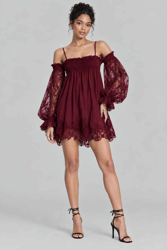 Virtual model wearing The Valentina Lace Off-Shoulder Dress Off-Shoulder Lace-Sleeve Dress in Wine
