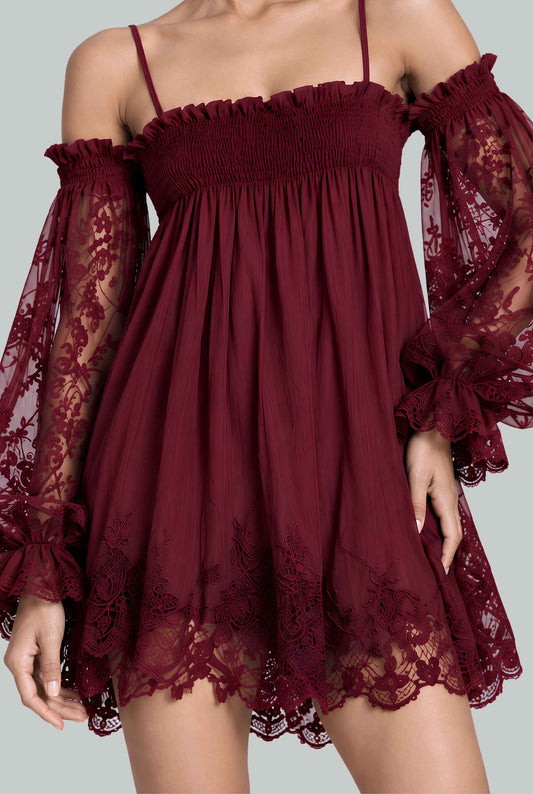Virtual model wearing The Valentina Lace Off-Shoulder Dress Off-Shoulder Lace-Sleeve Dress in Wine