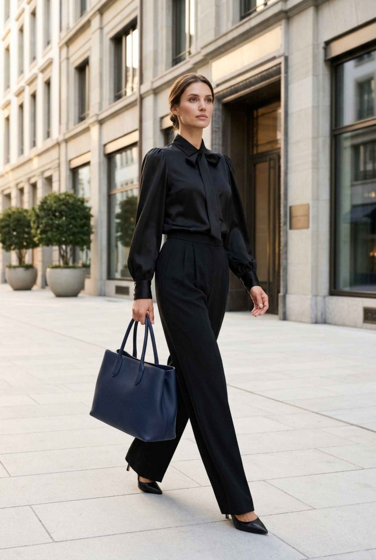 Virtual model wearing The Valentina Satin Tied Blouse Satin Bow-Tie Neck Blouse in Black 