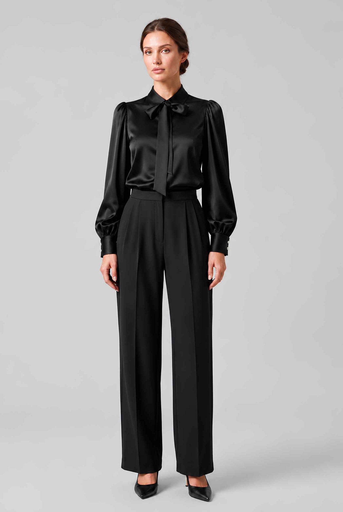 Virtual model wearing The Valentina Satin Tied Blouse Satin Bow-Tie Neck Blouse in Black 