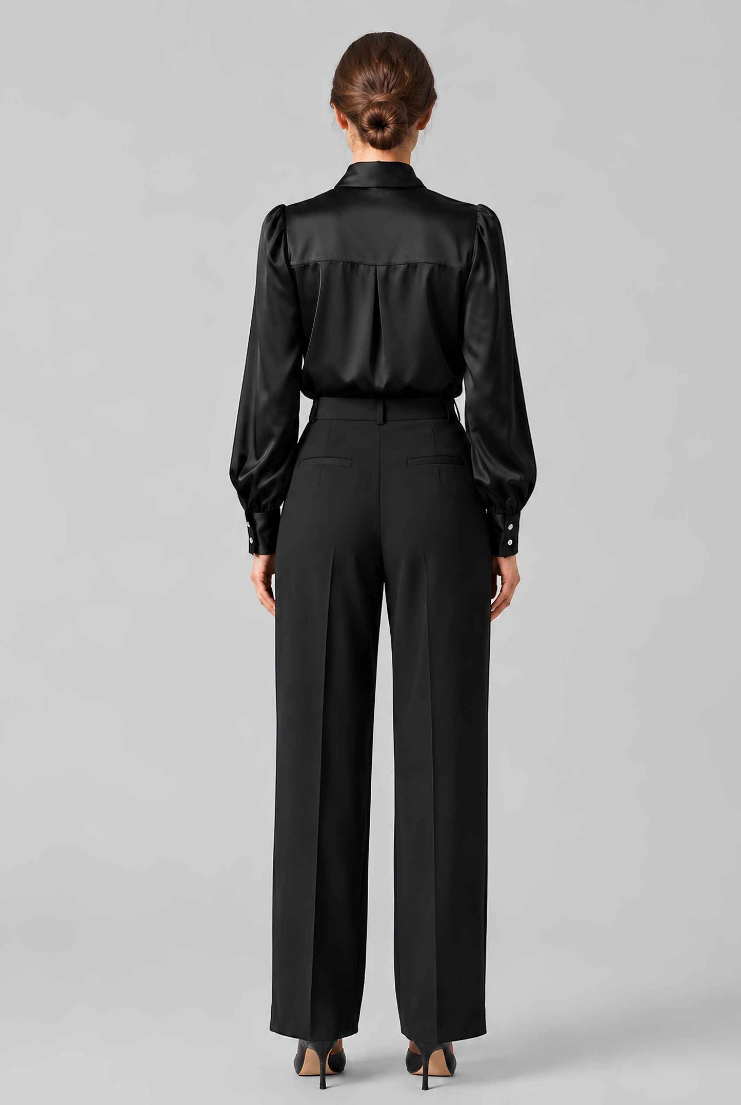 Virtual model wearing The Valentina Satin Tied Blouse Satin Bow-Tie Neck Blouse in Black 