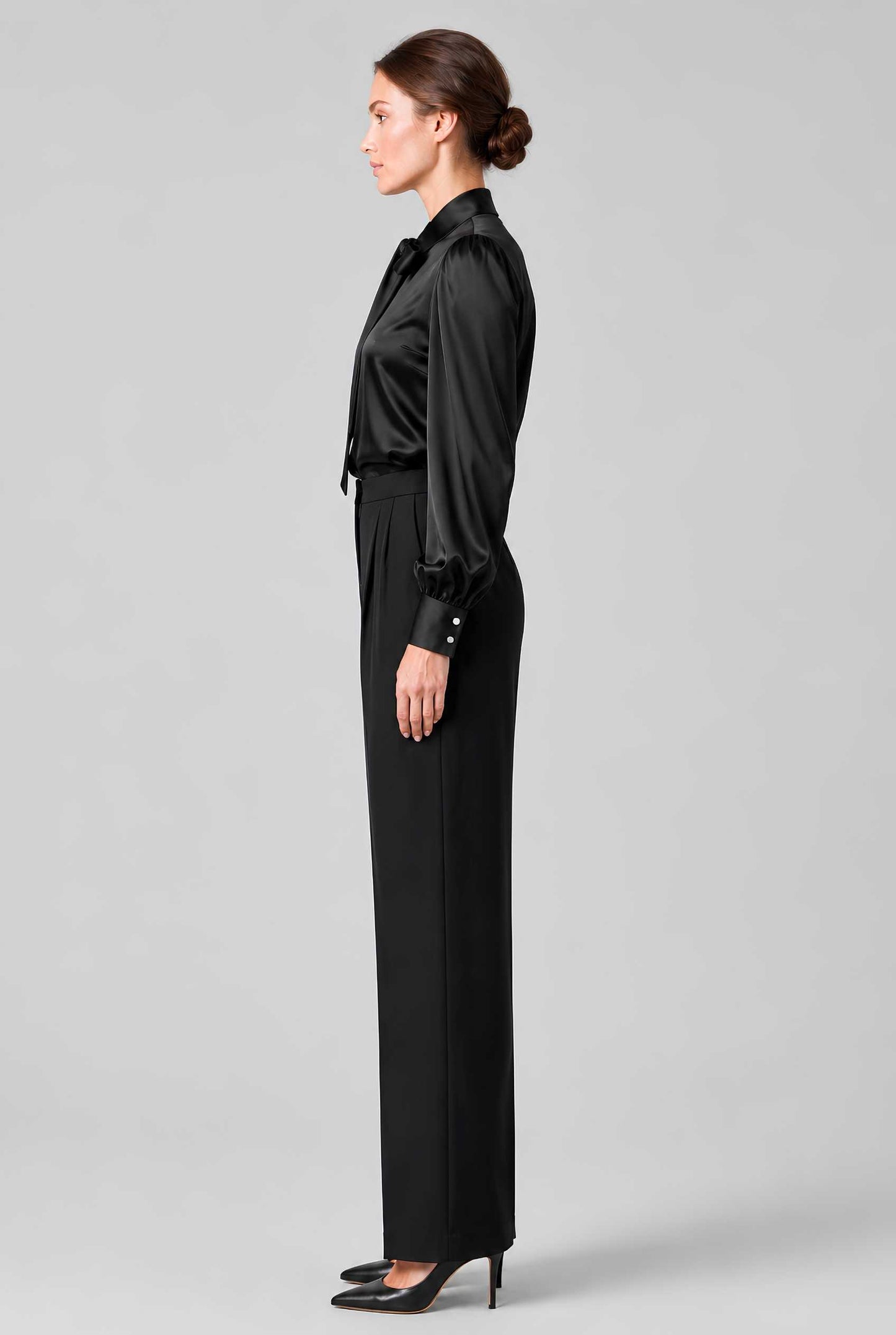 Virtual model wearing The Valentina Satin Tied Blouse Satin Bow-Tie Neck Blouse in Black 