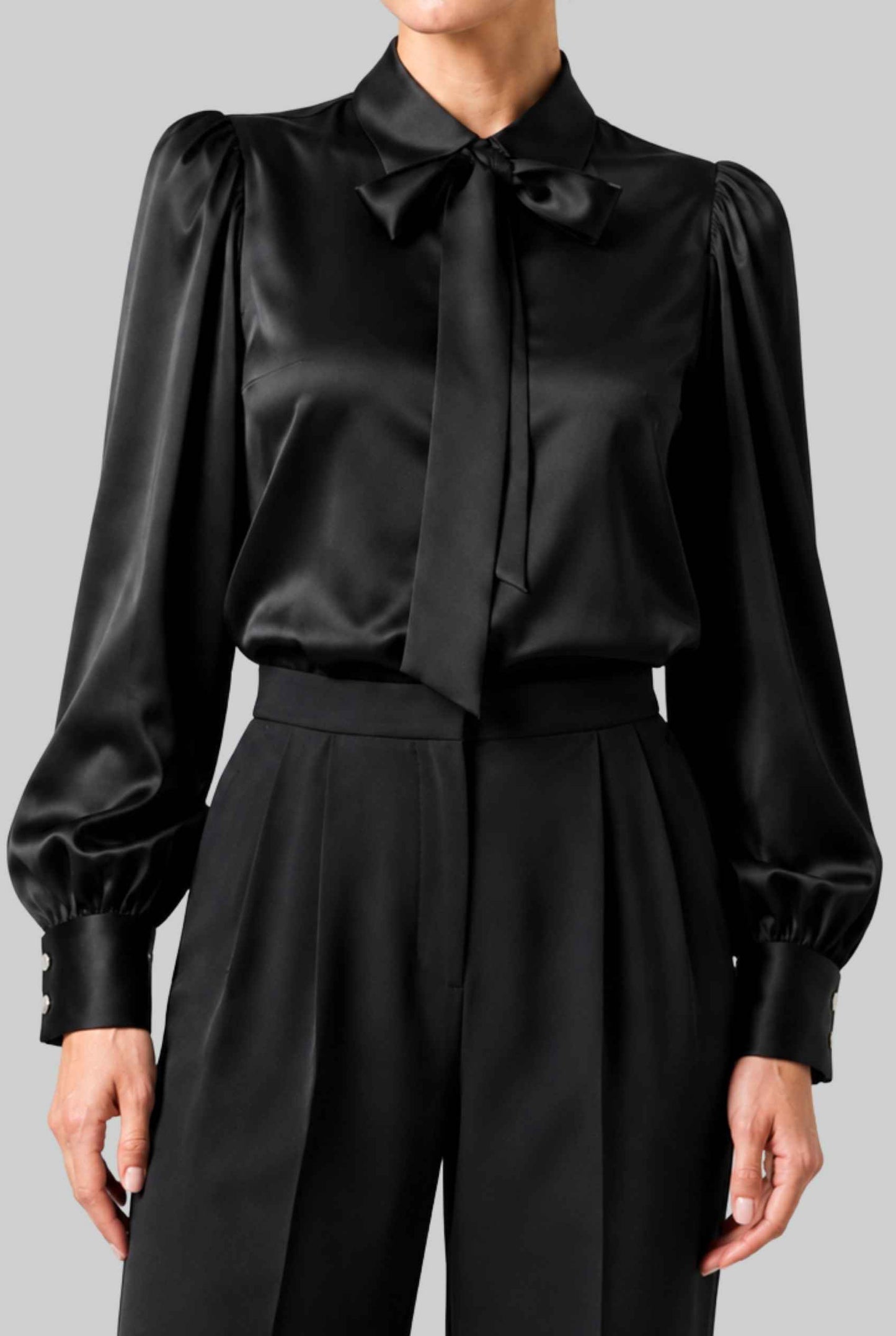 Virtual model wearing The Valentina Satin Tied Blouse Satin Bow-Tie Neck Blouse in Black 