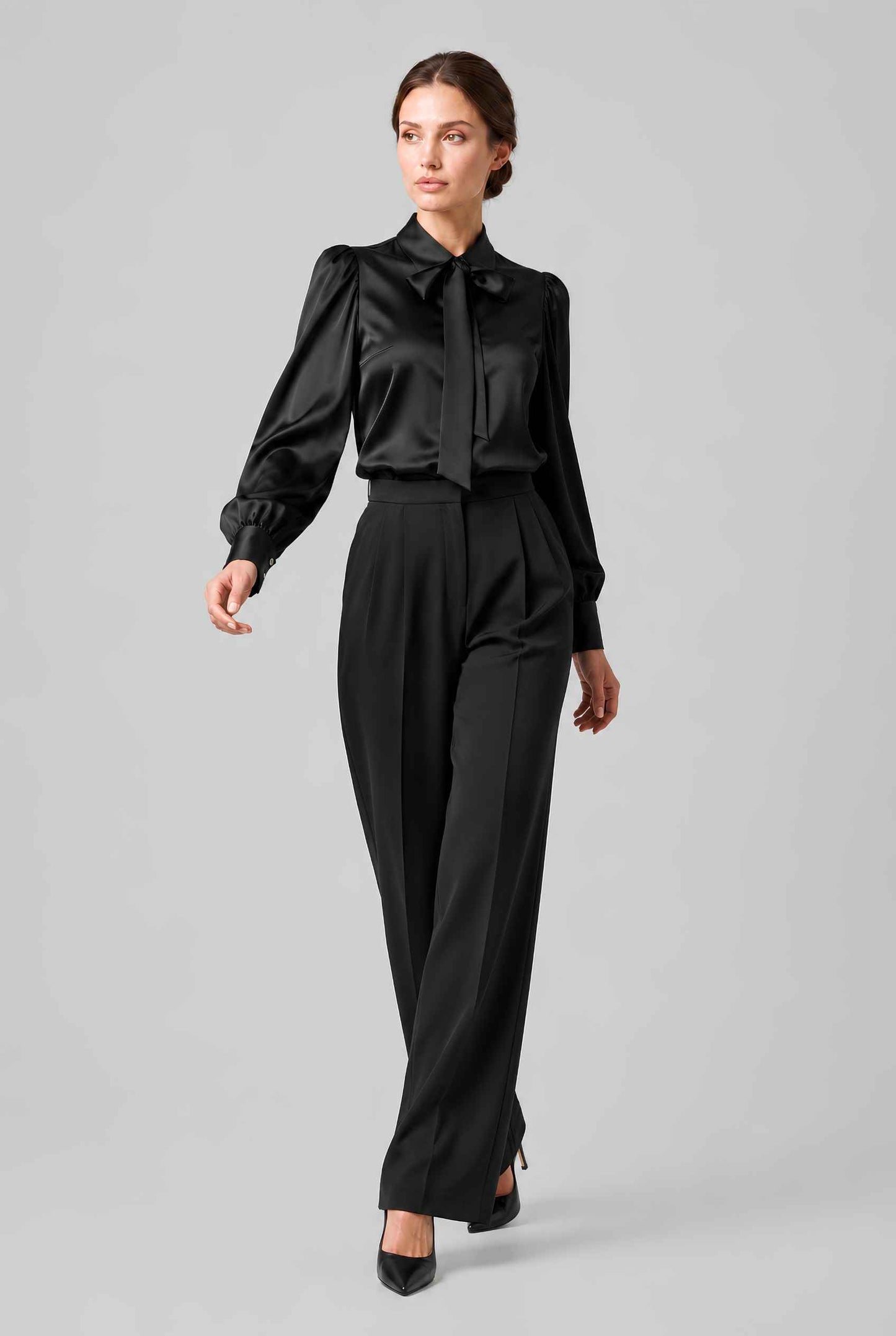 Virtual model wearing The Valentina Satin Tied Blouse Satin Bow-Tie Neck Blouse in Black 