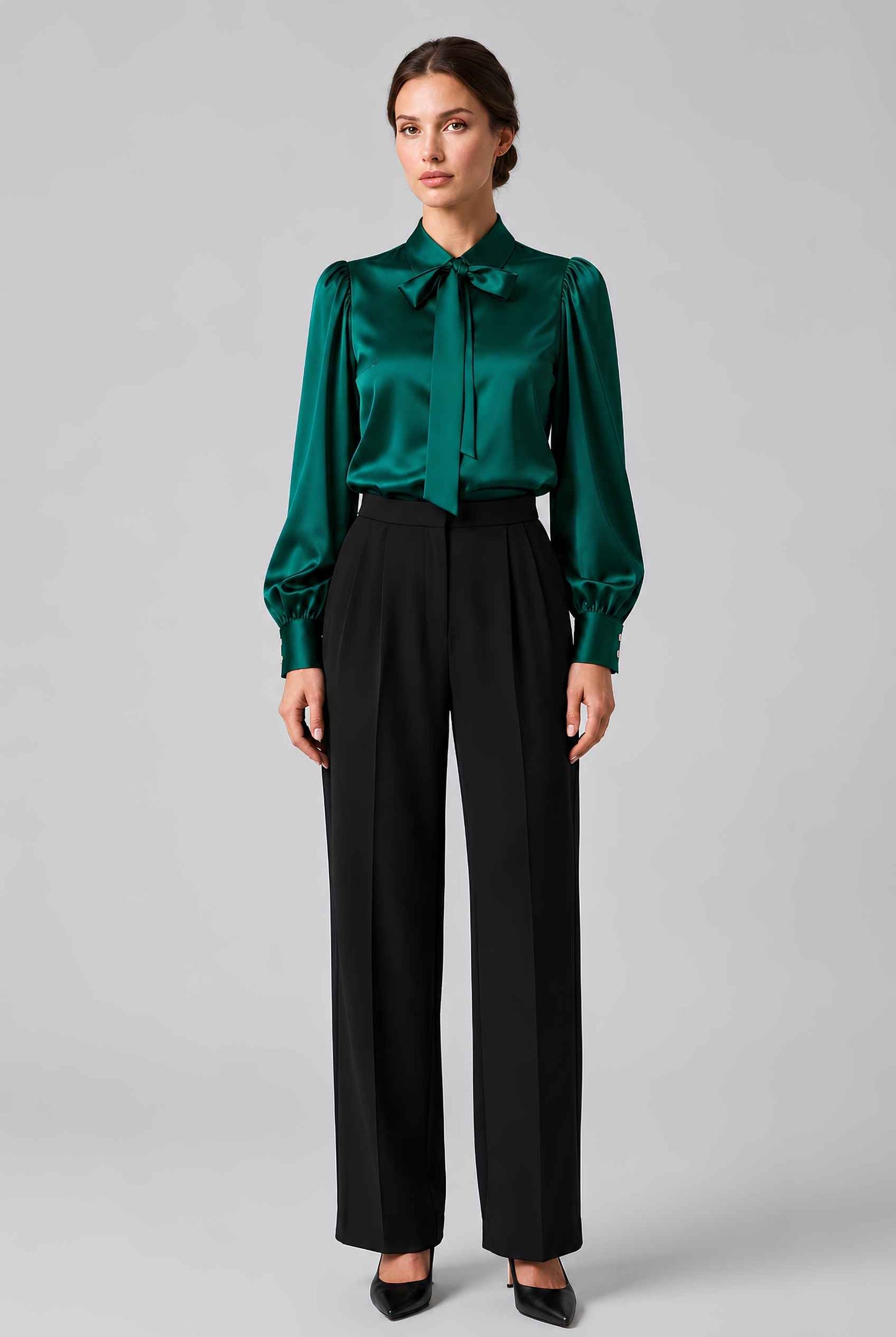 Virtual model wearing The Valentina Satin Tied Blouse Satin Bow-Tie Neck Blouse in Green