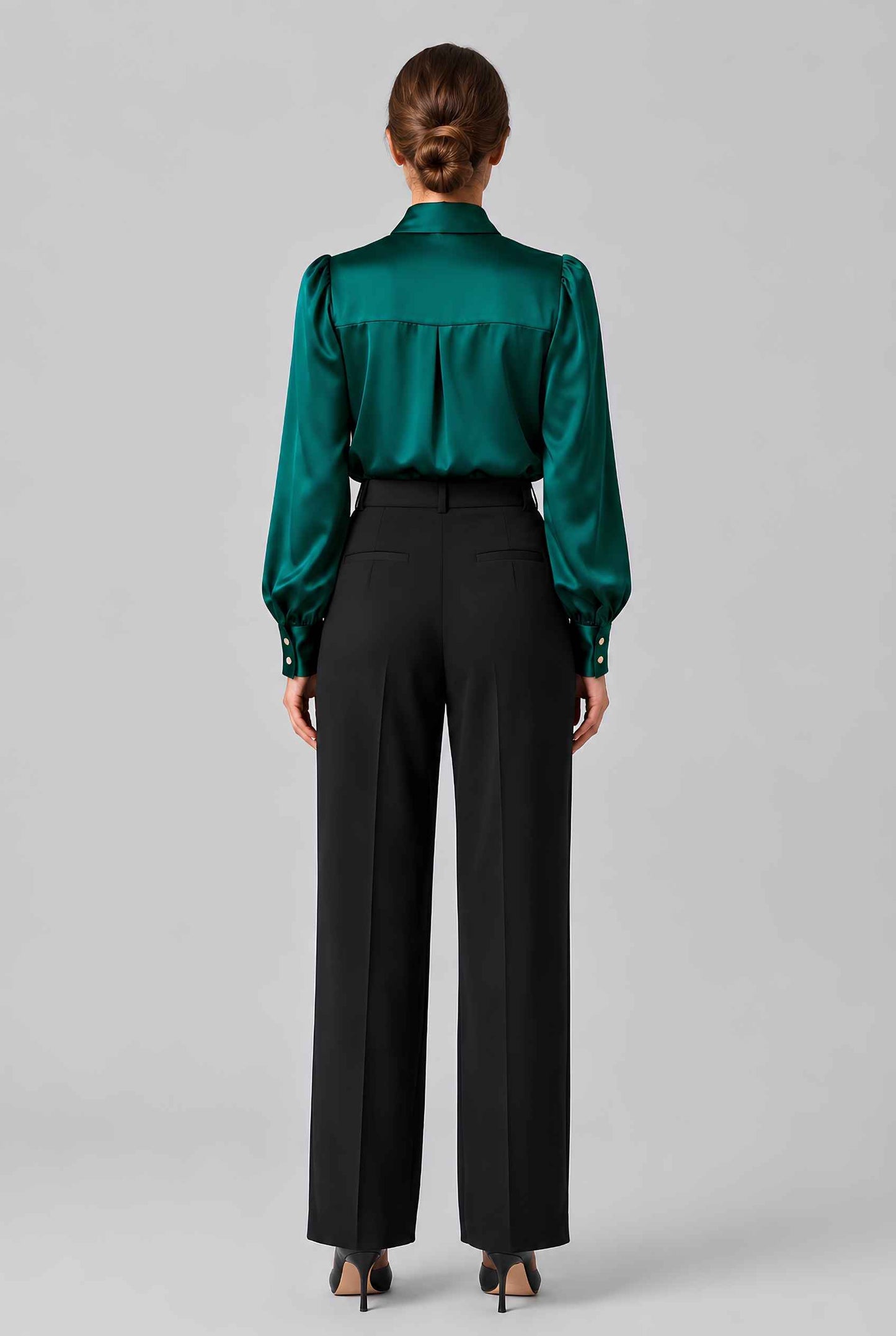 Virtual model wearing The Valentina Satin Tied Blouse Satin Bow-Tie Neck Blouse in Green