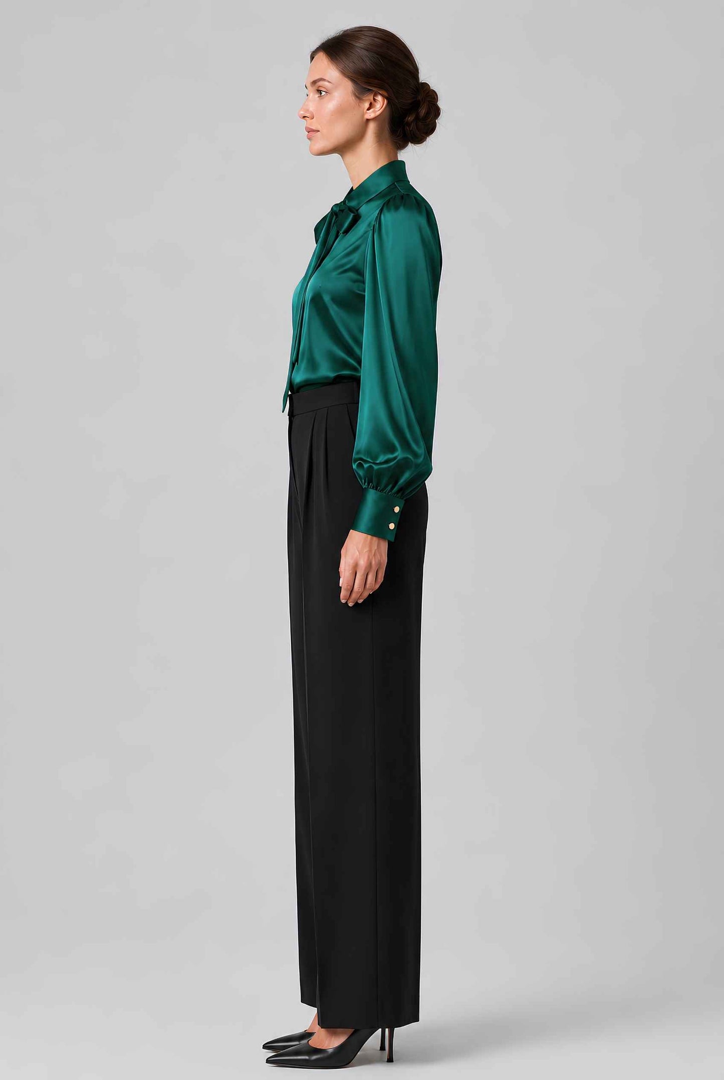Virtual model wearing The Valentina Satin Tied Blouse Satin Bow-Tie Neck Blouse in Green