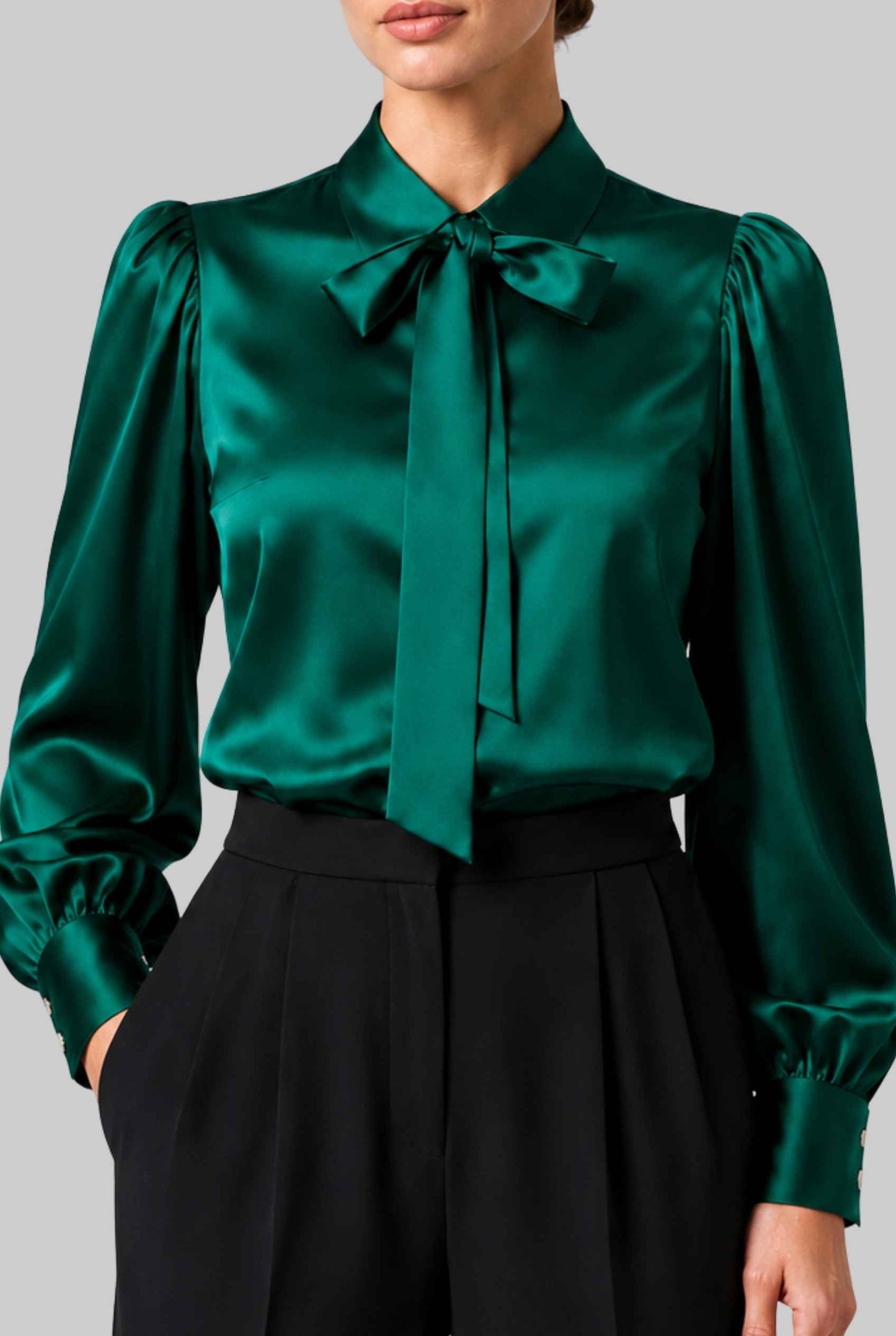 Virtual model wearing The Valentina Satin Tied Blouse Satin Bow-Tie Neck Blouse in Green