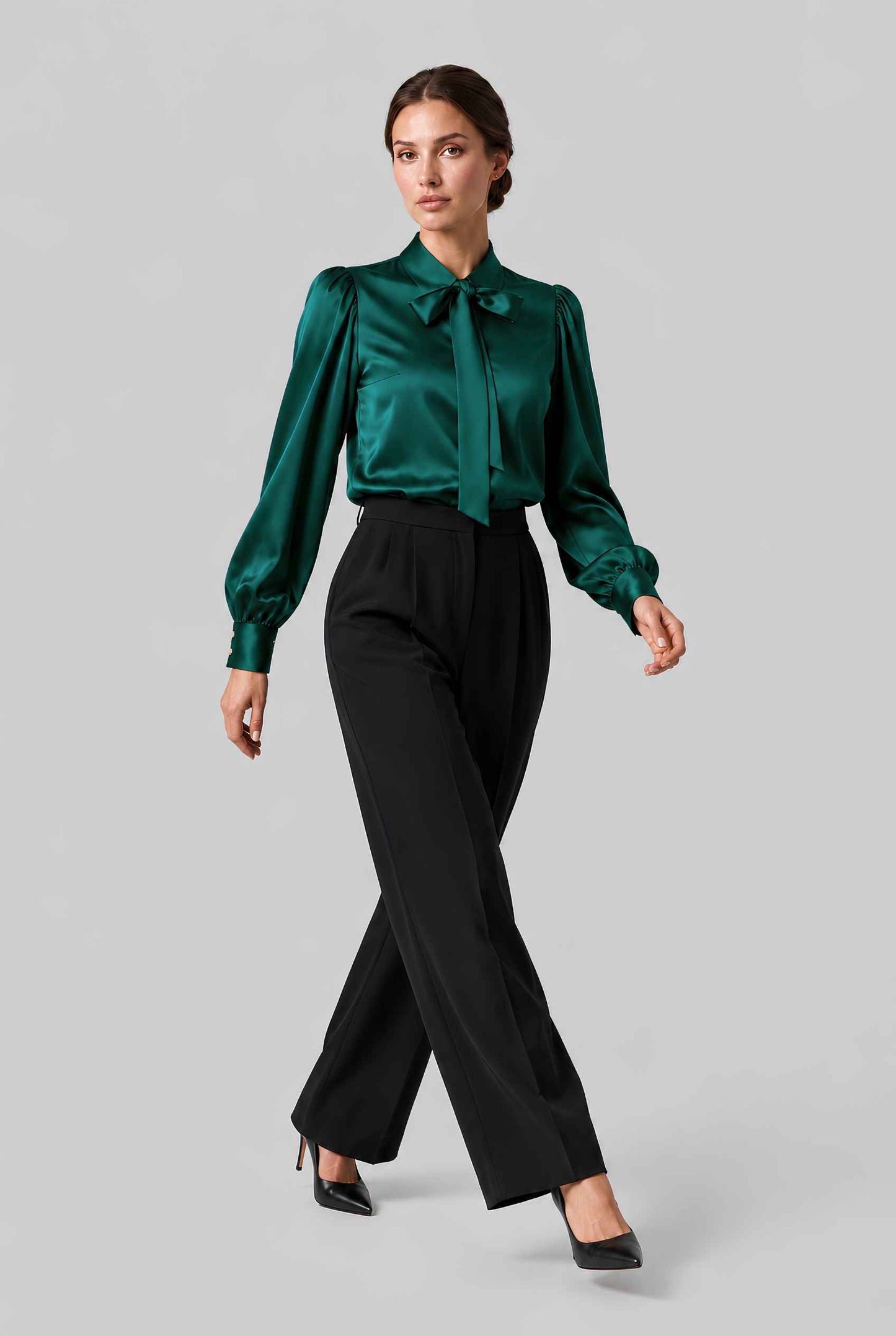 Virtual model wearing The Valentina Satin Tied Blouse Satin Bow-Tie Neck Blouse in Green