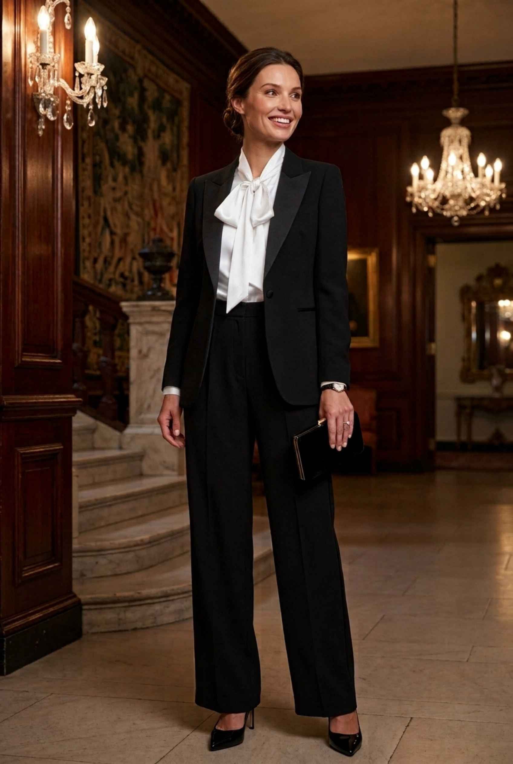 Virtual model wearing The Valentina Satin Tied Blouse Satin Bow-Tie Neck Blouse in White