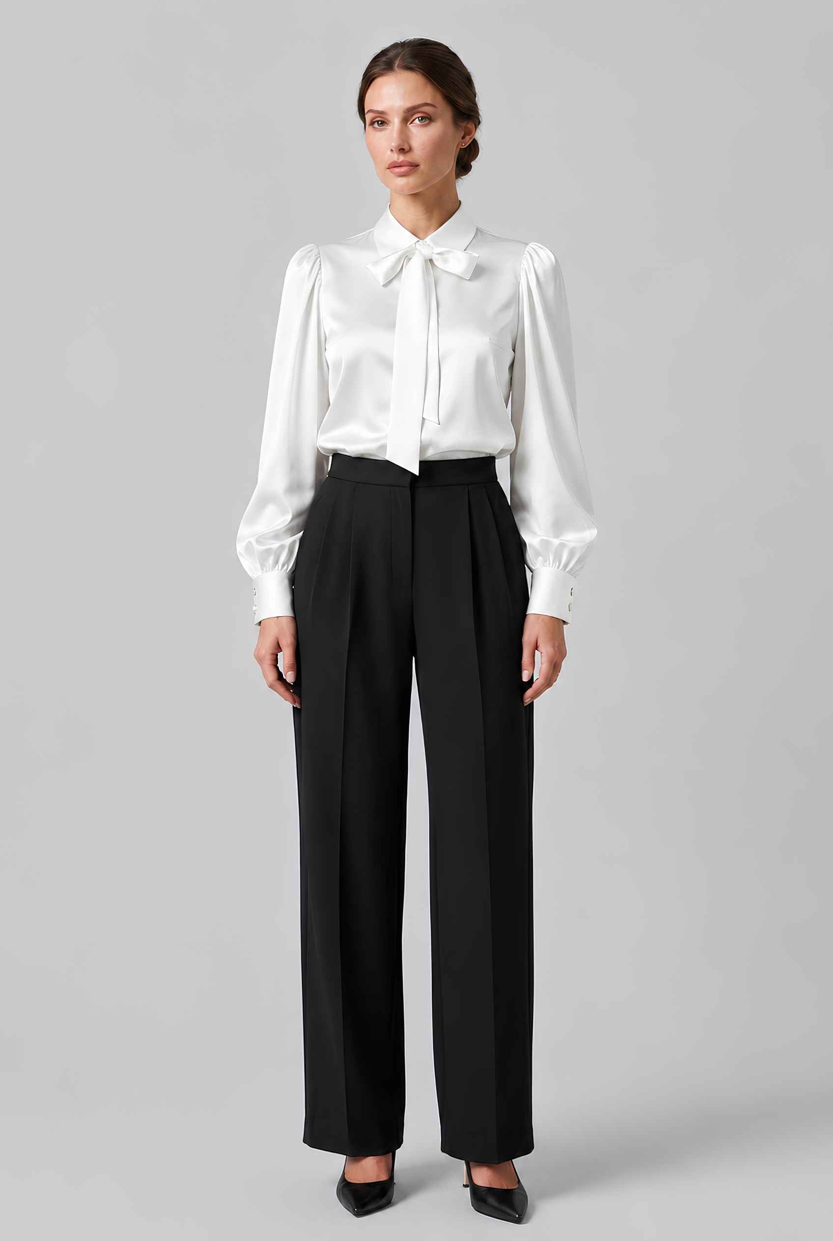 Virtual model wearing The Valentina Satin Tied Blouse Satin Bow-Tie Neck Blouse in White