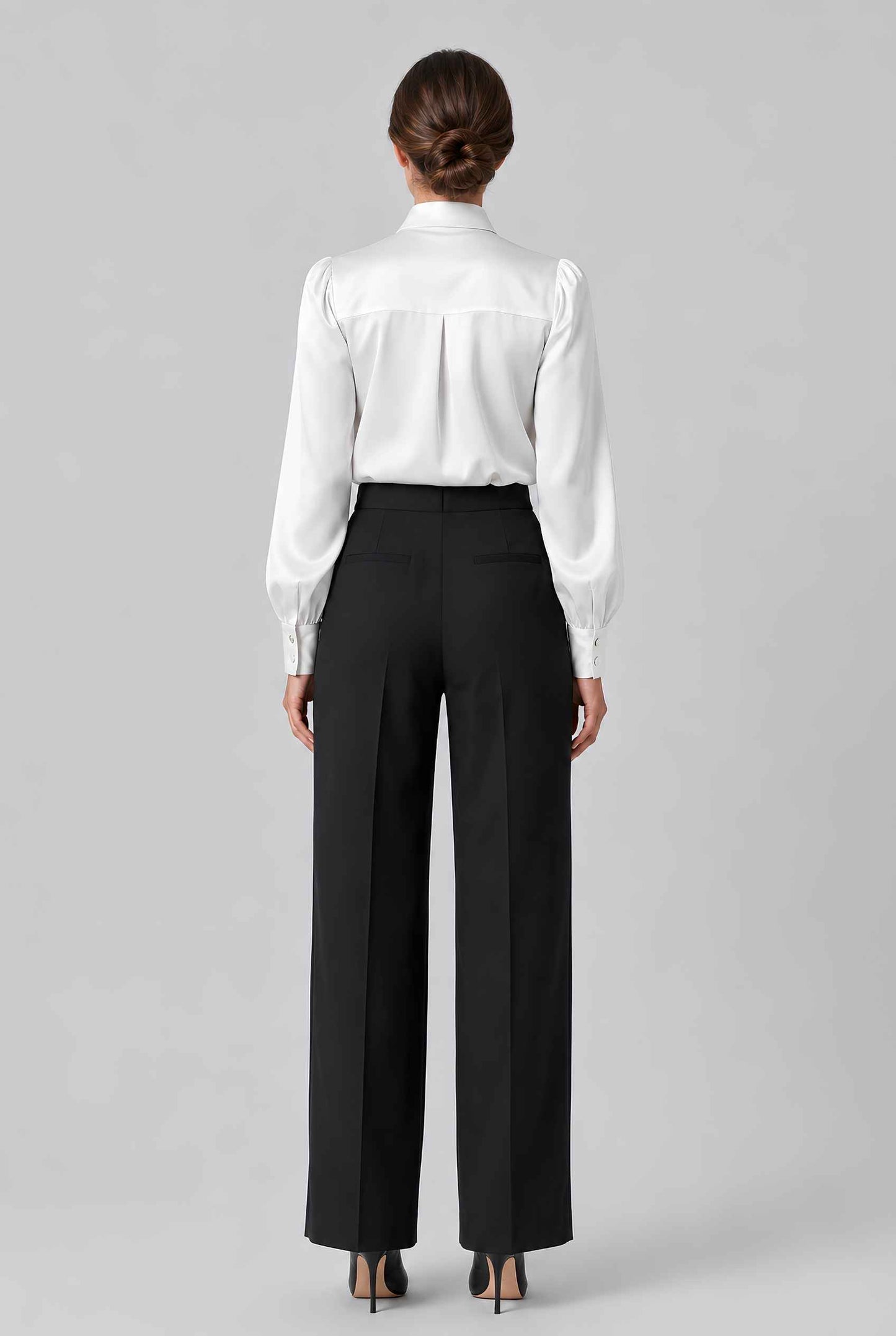 Virtual model wearing The Valentina Satin Tied Blouse Satin Bow-Tie Neck Blouse in White