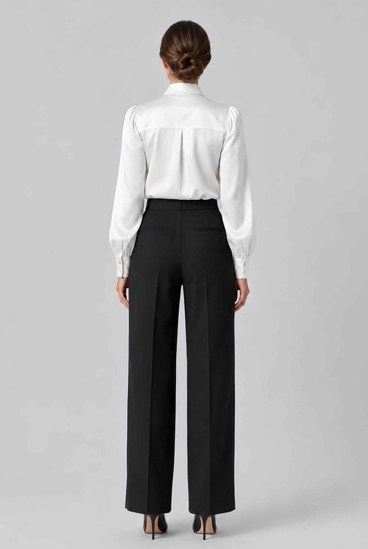 Virtual model wearing The Valentina Satin Tied Blouse Satin Bow-Tie Neck Blouse in White