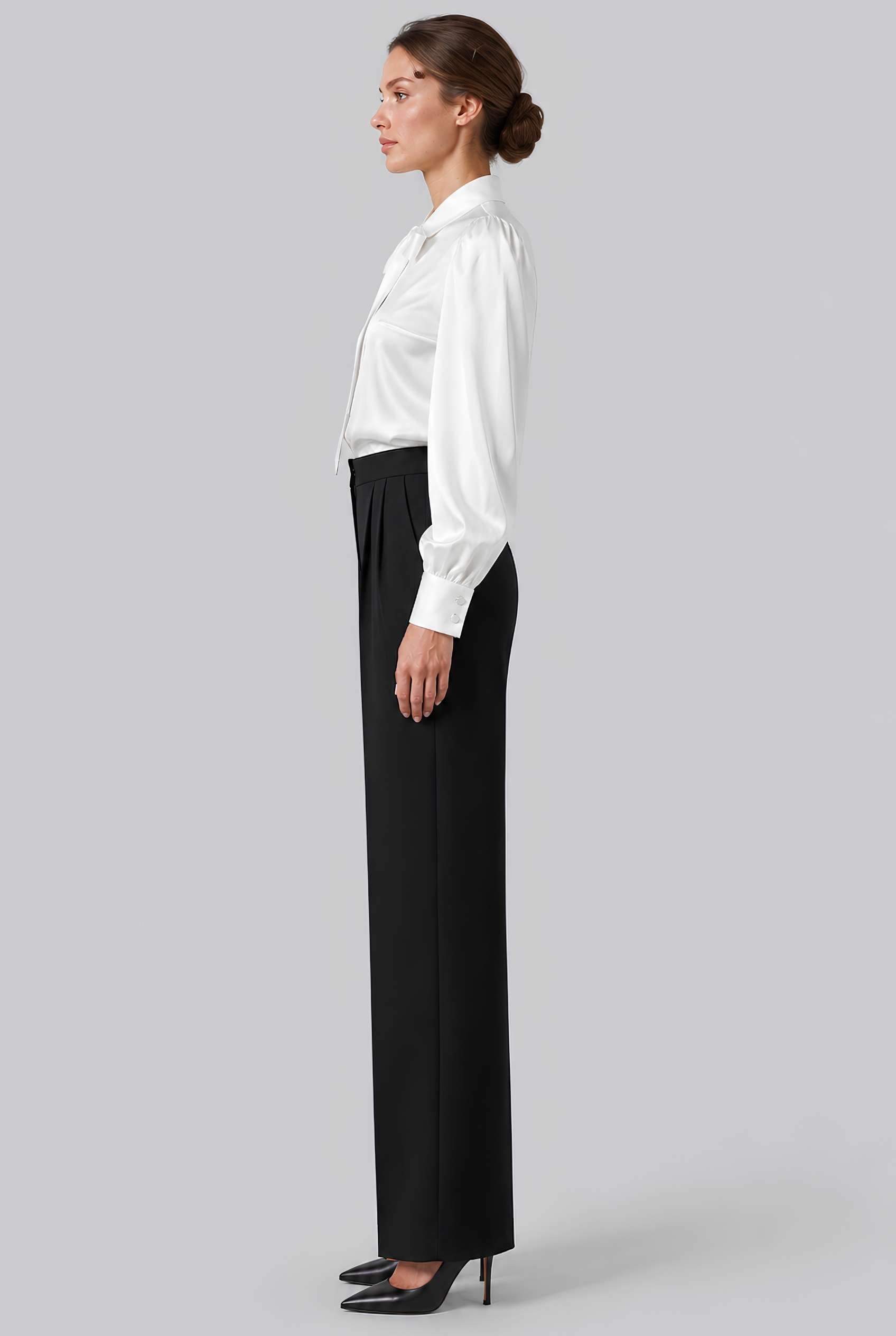 Virtual model wearing The Valentina Satin Tied Blouse Satin Bow-Tie Neck Blouse in White