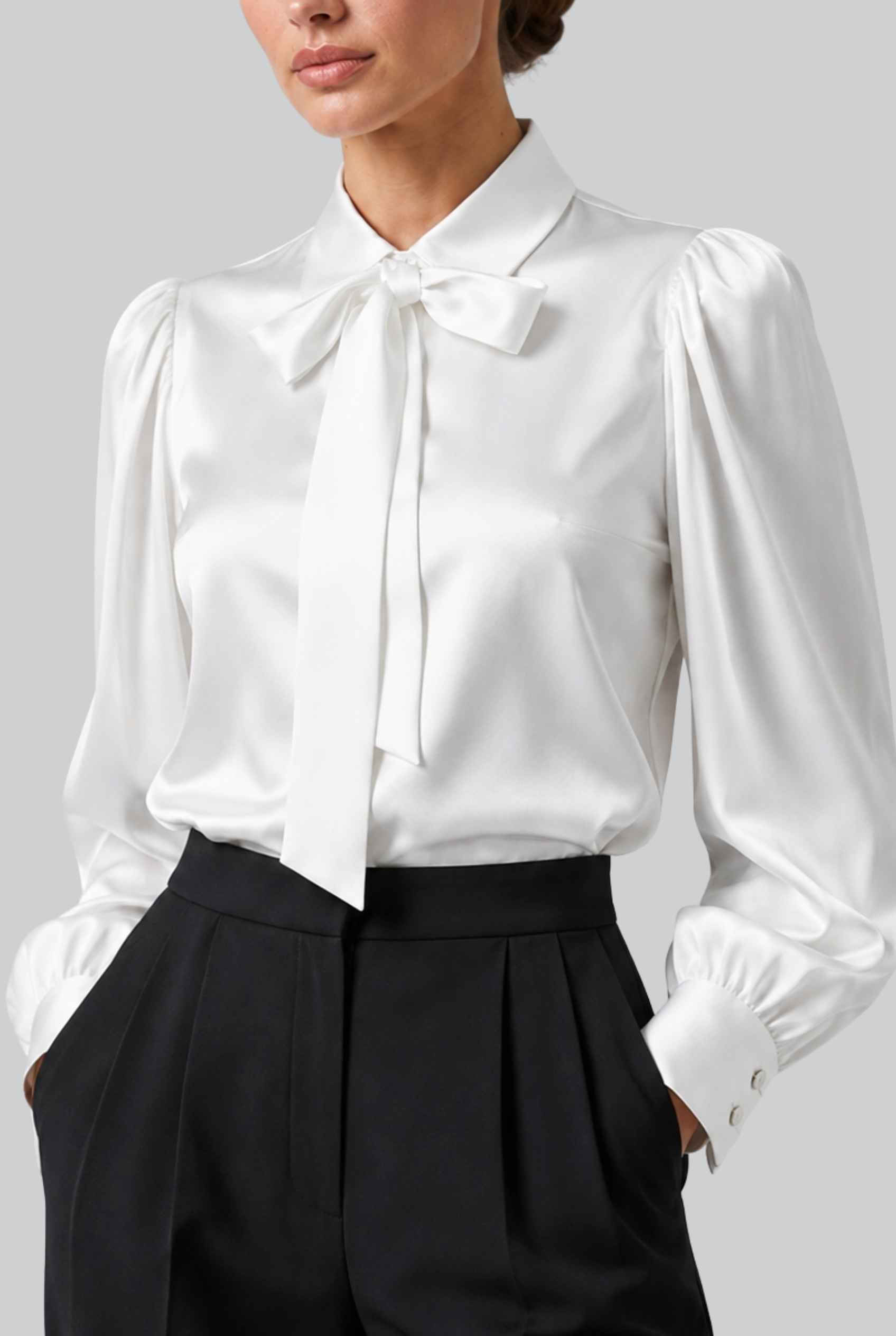 Virtual model wearing The Valentina Satin Tied Blouse Satin Bow-Tie Neck Blouse in White