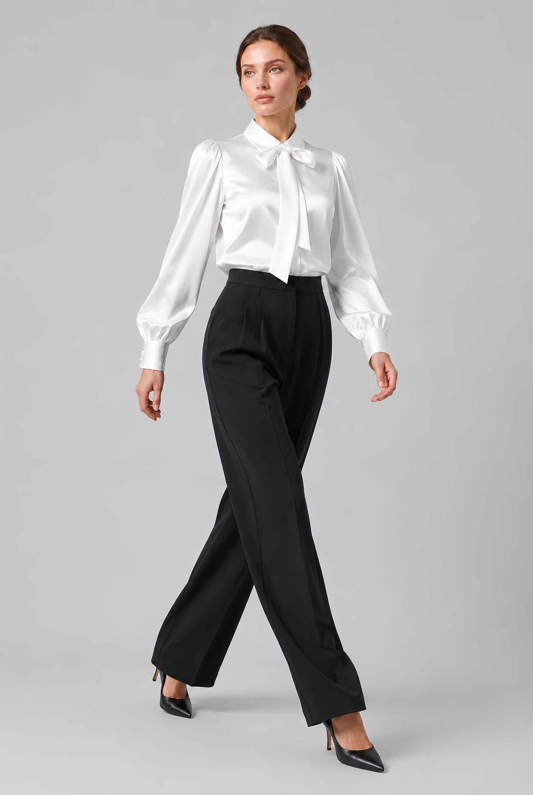 Virtual model wearing The Valentina Satin Tied Blouse Satin Bow-Tie Neck Blouse in White