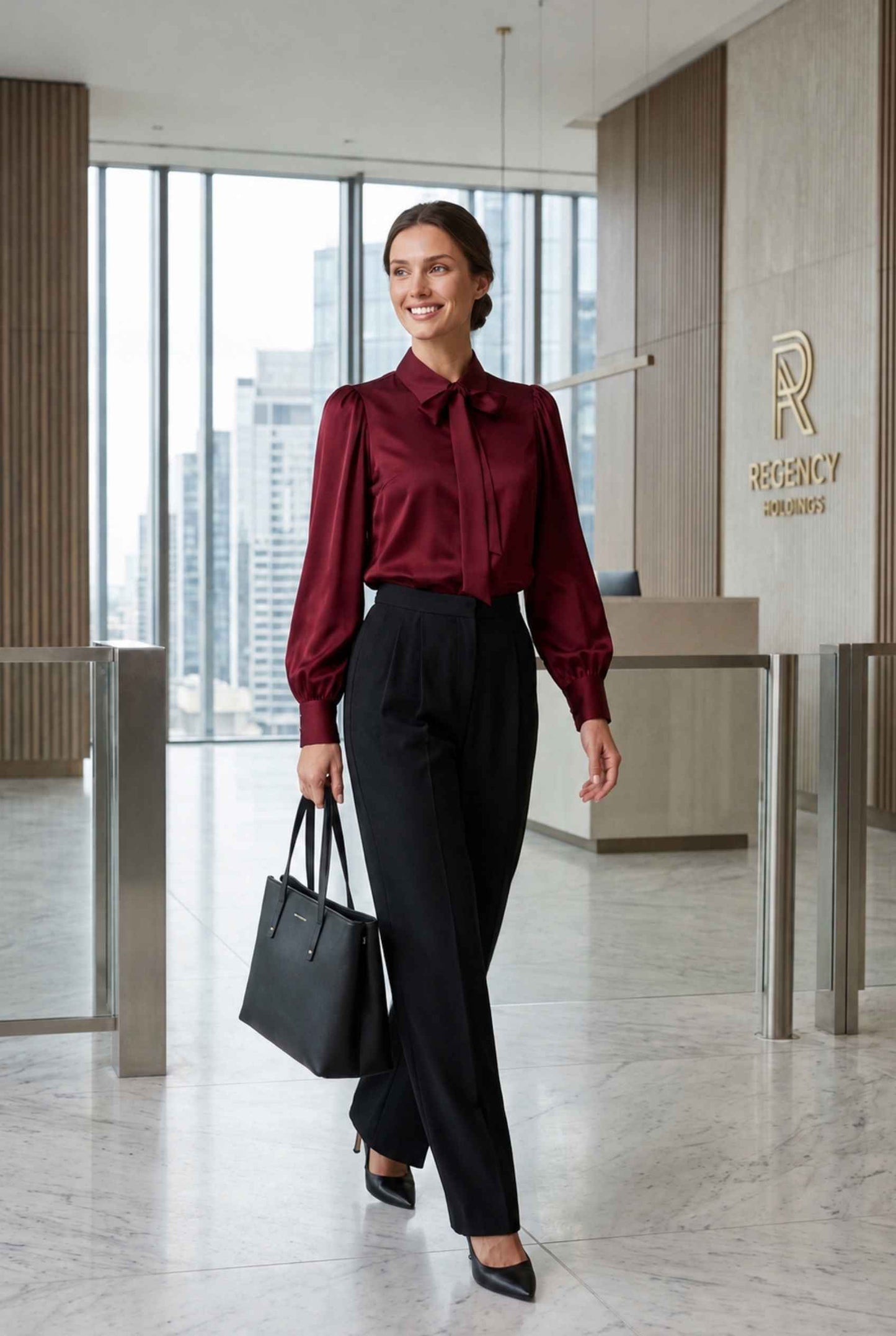 Virtual model wearing The Valentina Satin Tied Blouse Satin Bow-Tie Neck Blouse in Wine
