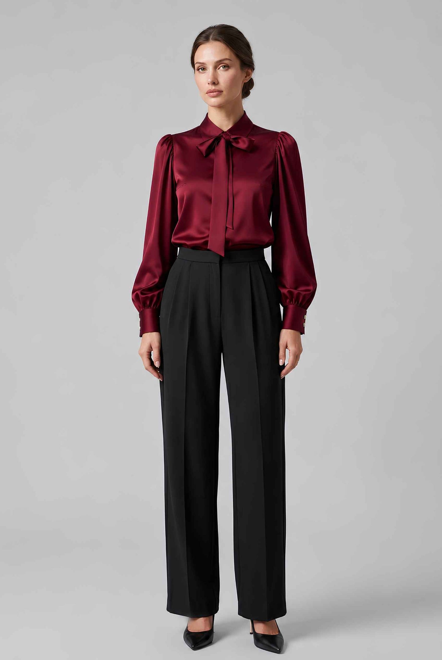 Virtual model wearing The Valentina Satin Tied Blouse Satin Bow-Tie Neck Blouse in Wine