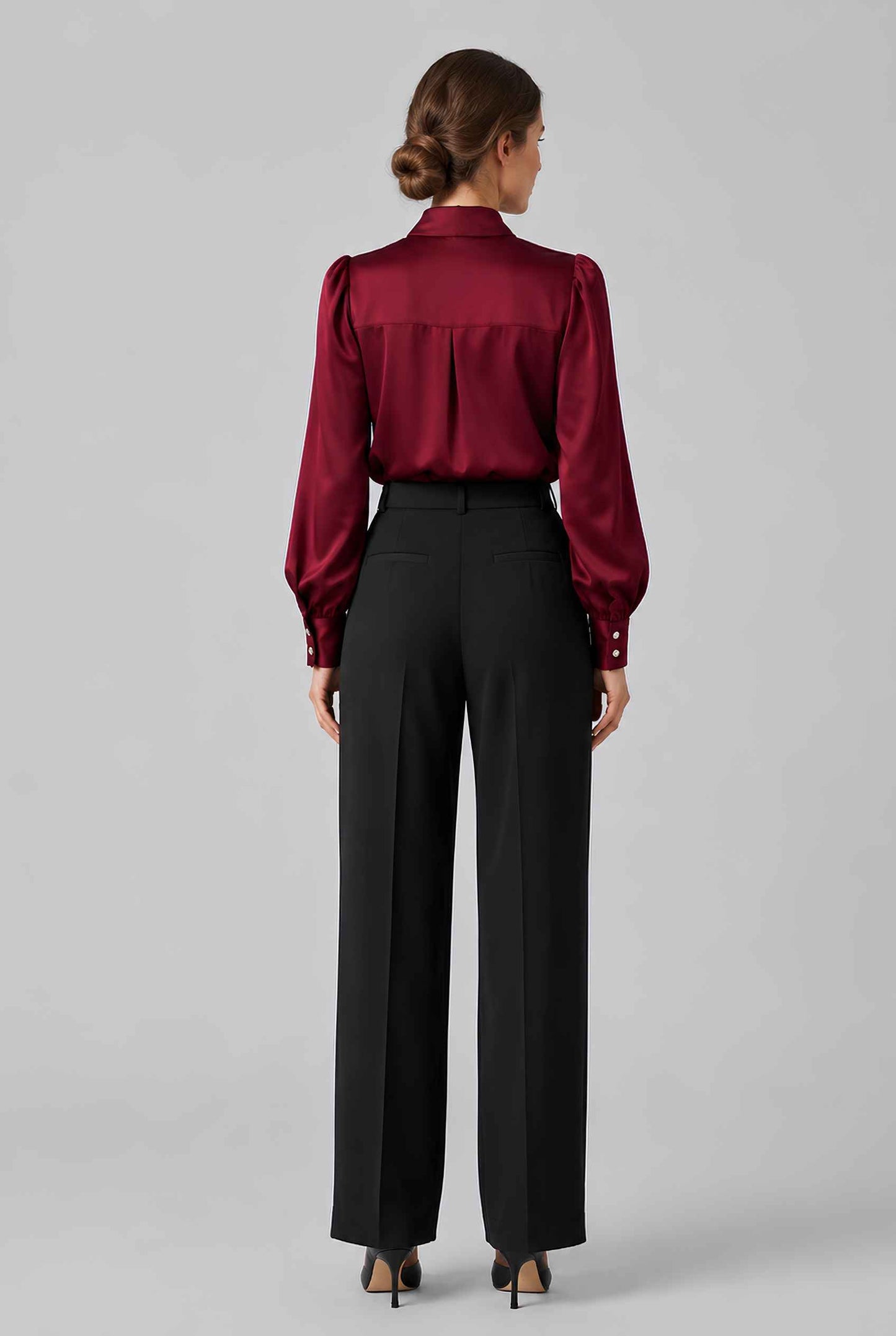 Virtual model wearing The Valentina Satin Tied Blouse Satin Bow-Tie Neck Blouse in Wine