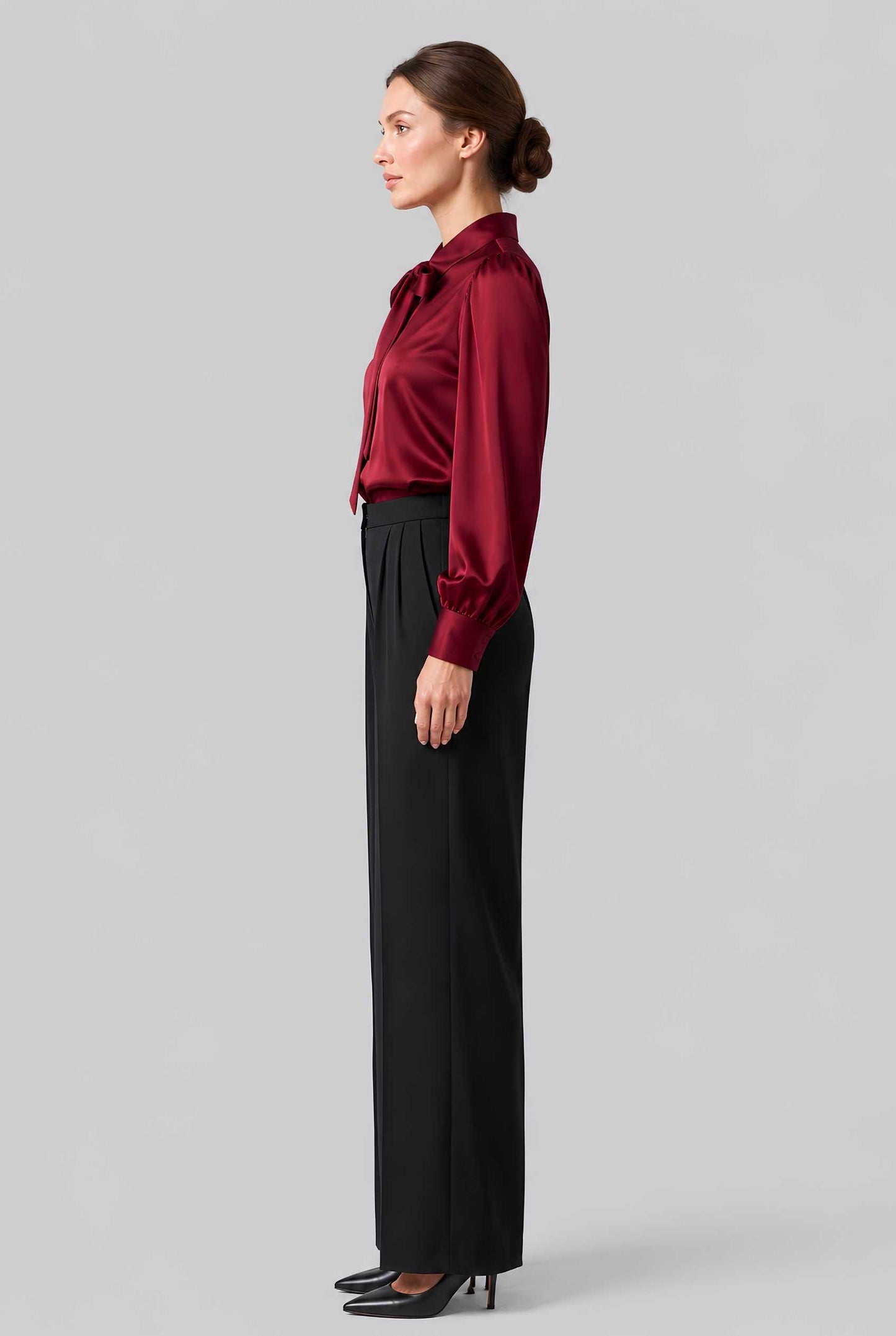 Virtual model wearing The Valentina Satin Tied Blouse Satin Bow-Tie Neck Blouse in Wine