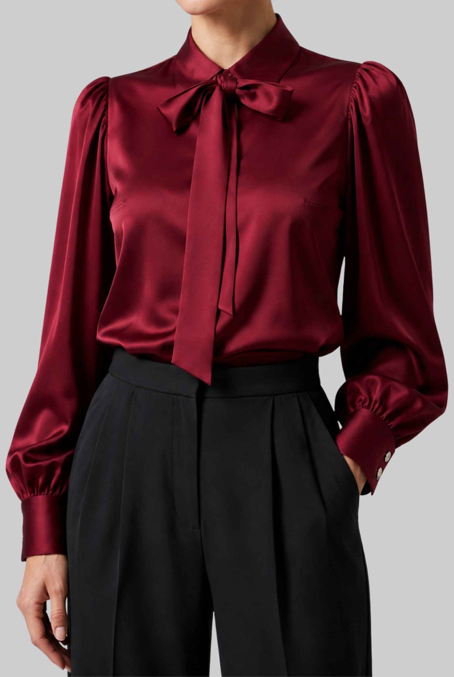 Virtual model wearing The Valentina Satin Tied Blouse Satin Bow-Tie Neck Blouse in Wine