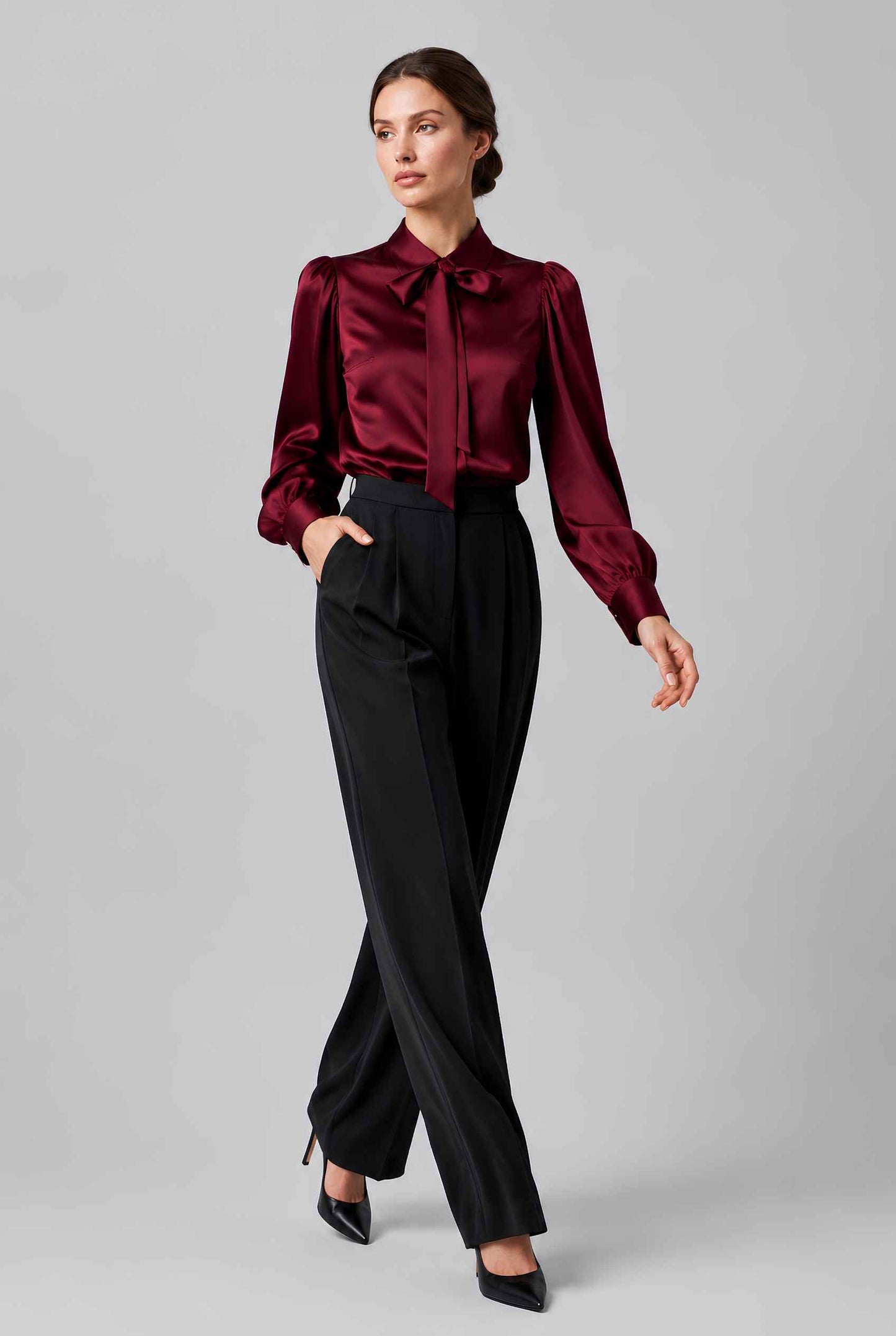 Virtual model wearing The Valentina Satin Tied Blouse Satin Bow-Tie Neck Blouse in Wine