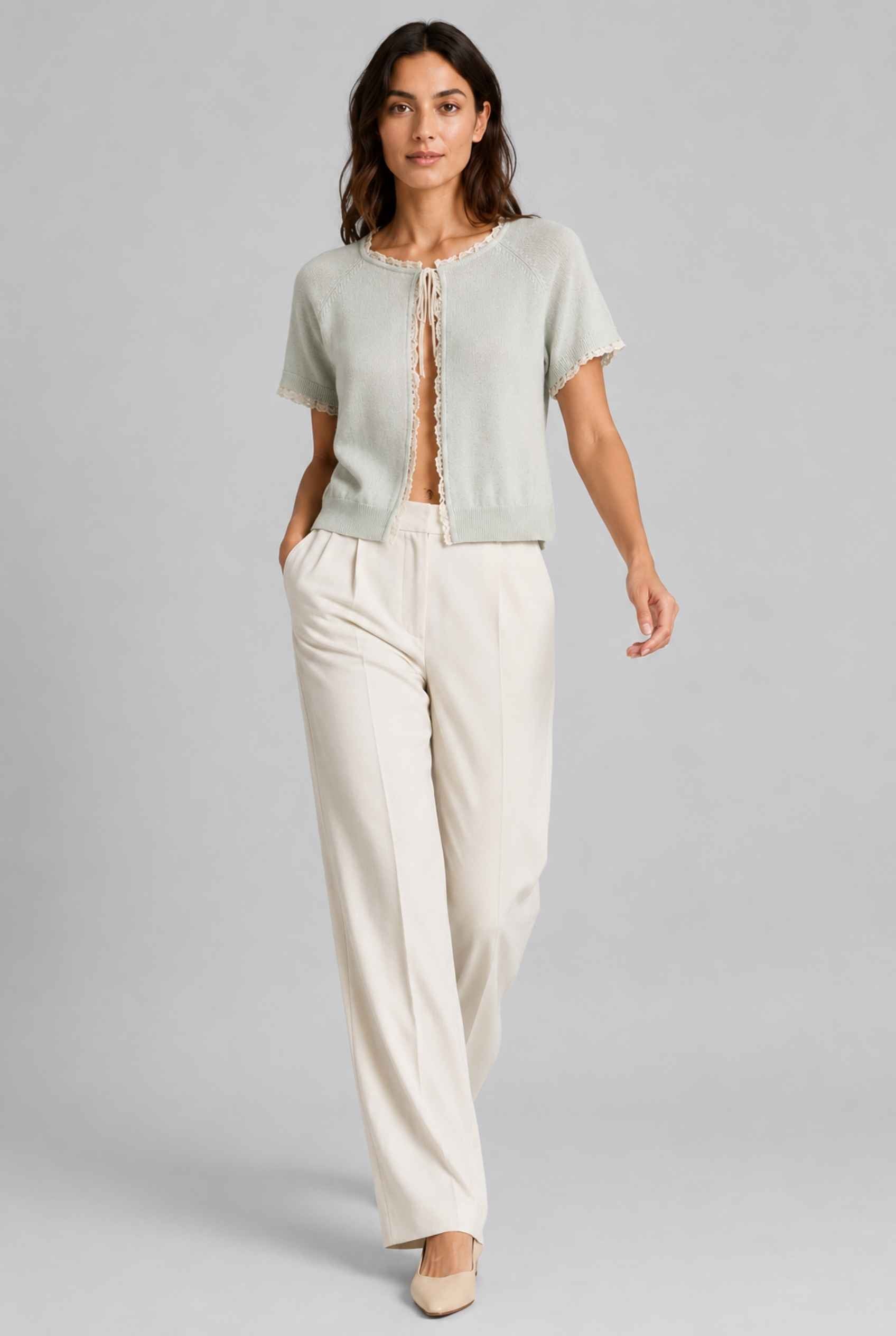Virtual Model wearing The Valerie Lace Cardigan Open Tie Front Light Green Knit