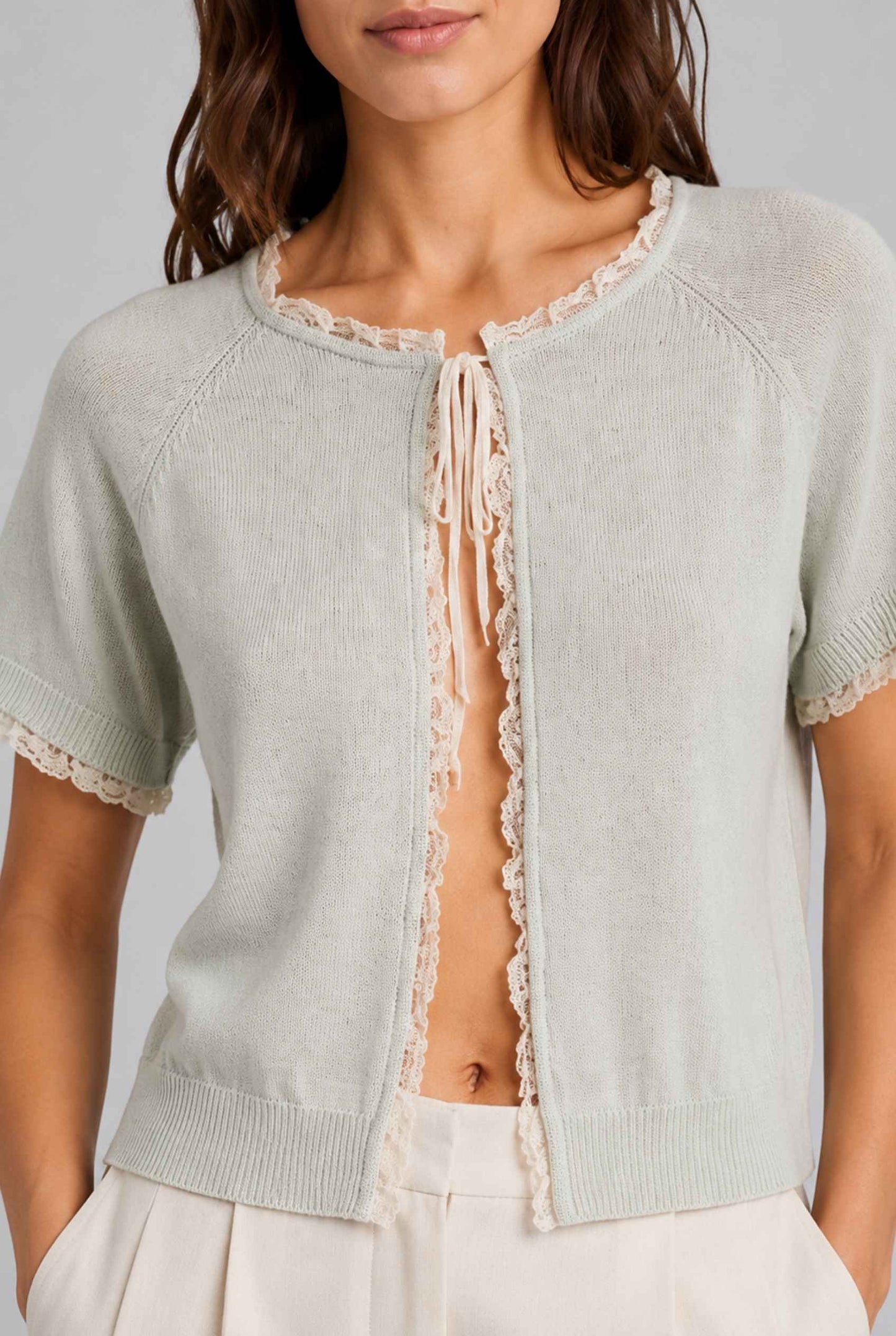 Virtual Model wearing The Valerie Lace Cardigan Open Tie Front Light Green Knit