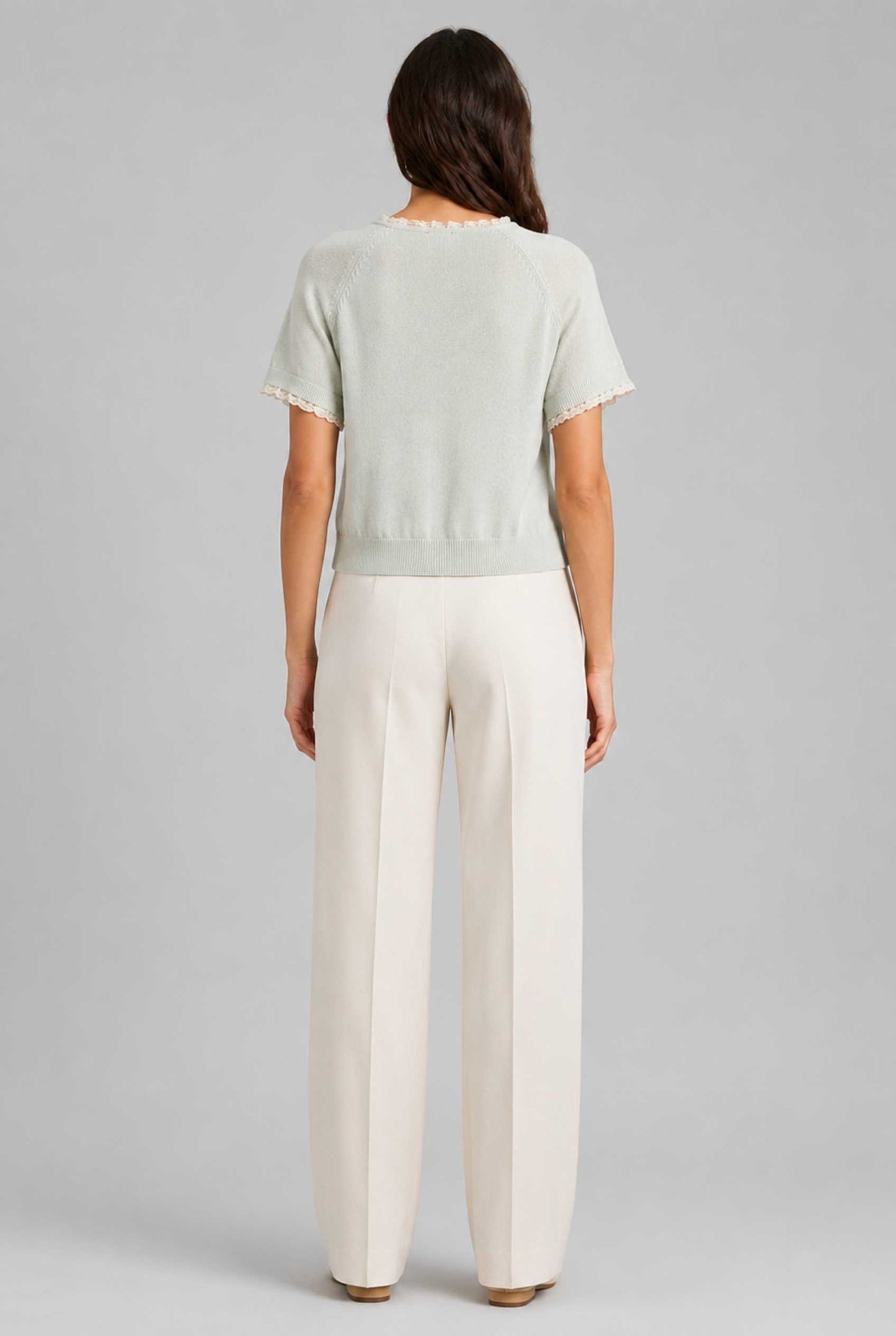 Virtual Model wearing The Valerie Lace Cardigan Open Tie Front Light Green Knit