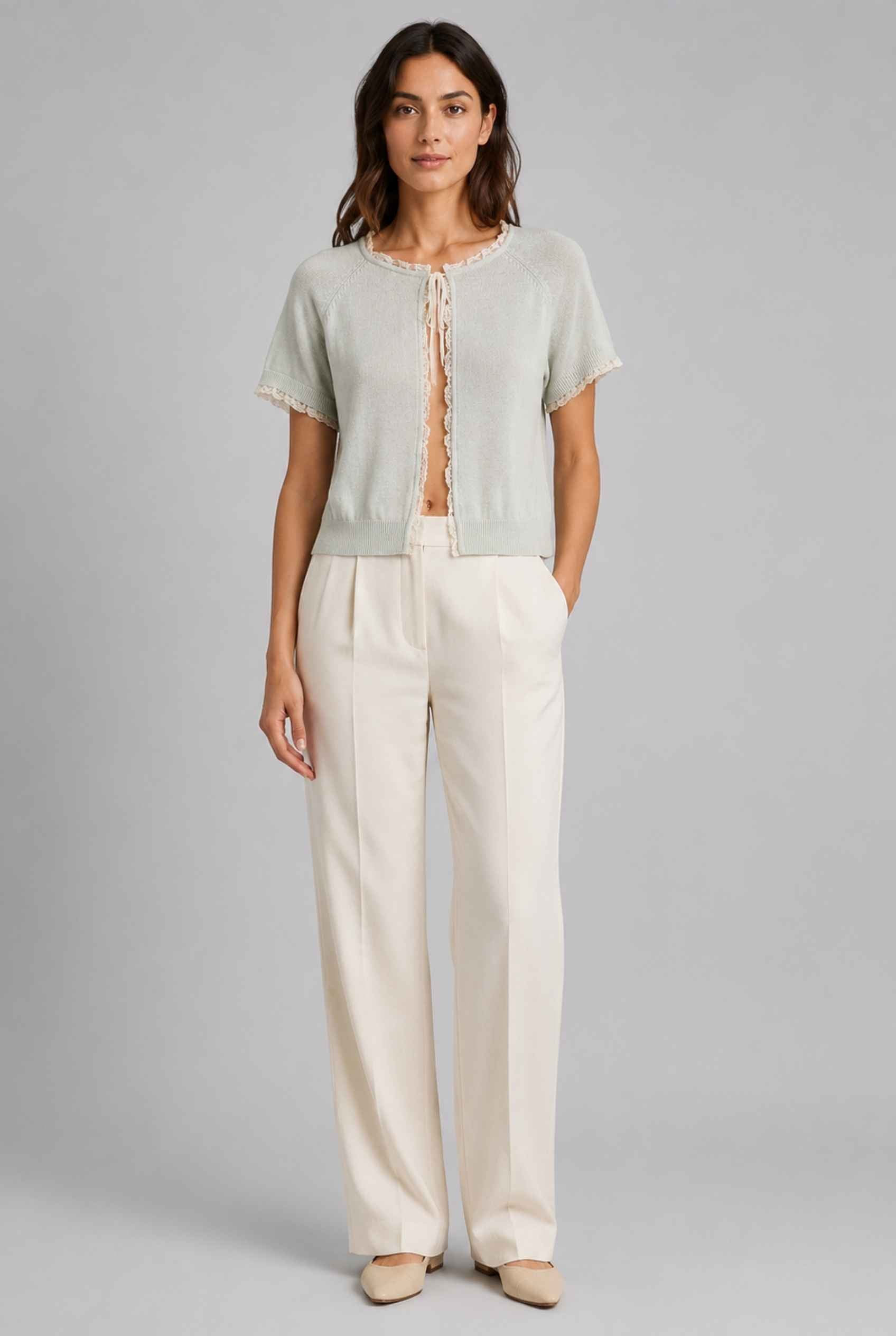Virtual Model wearing The Valerie Lace Cardigan Open Tie Front Light Green Knit