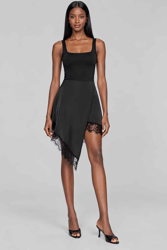 Virtual model wearing The Vera Lace Satin Mini Skirt Black Asymmetrical Lace Trim Wrap Skirt