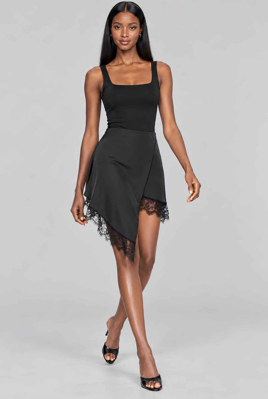 Virtual model wearing The Vera Lace Satin Mini Skirt Black Asymmetrical Lace Trim Wrap Skirt