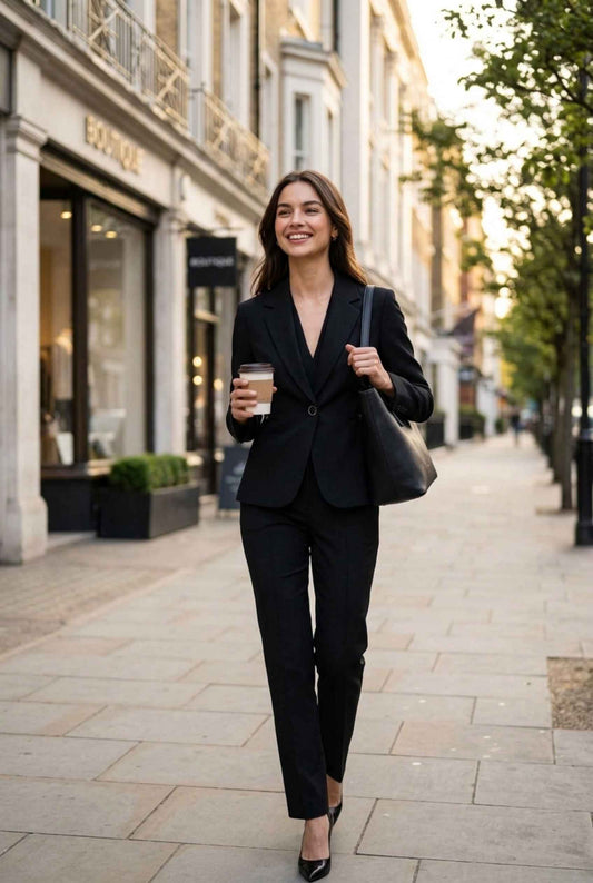 Virtual Model wearing The Victoria Tailored Blazer Slim-Fit Single-Button Black Tailored Blazer