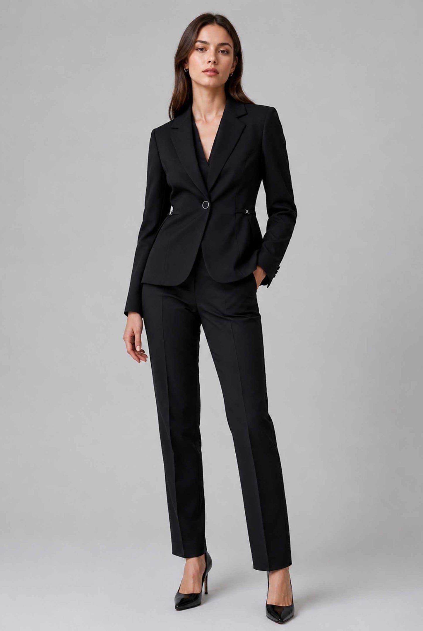 Virtual Model wearing The Victoria Tailored Blazer Slim-Fit Single-Button Black Tailored Blazer