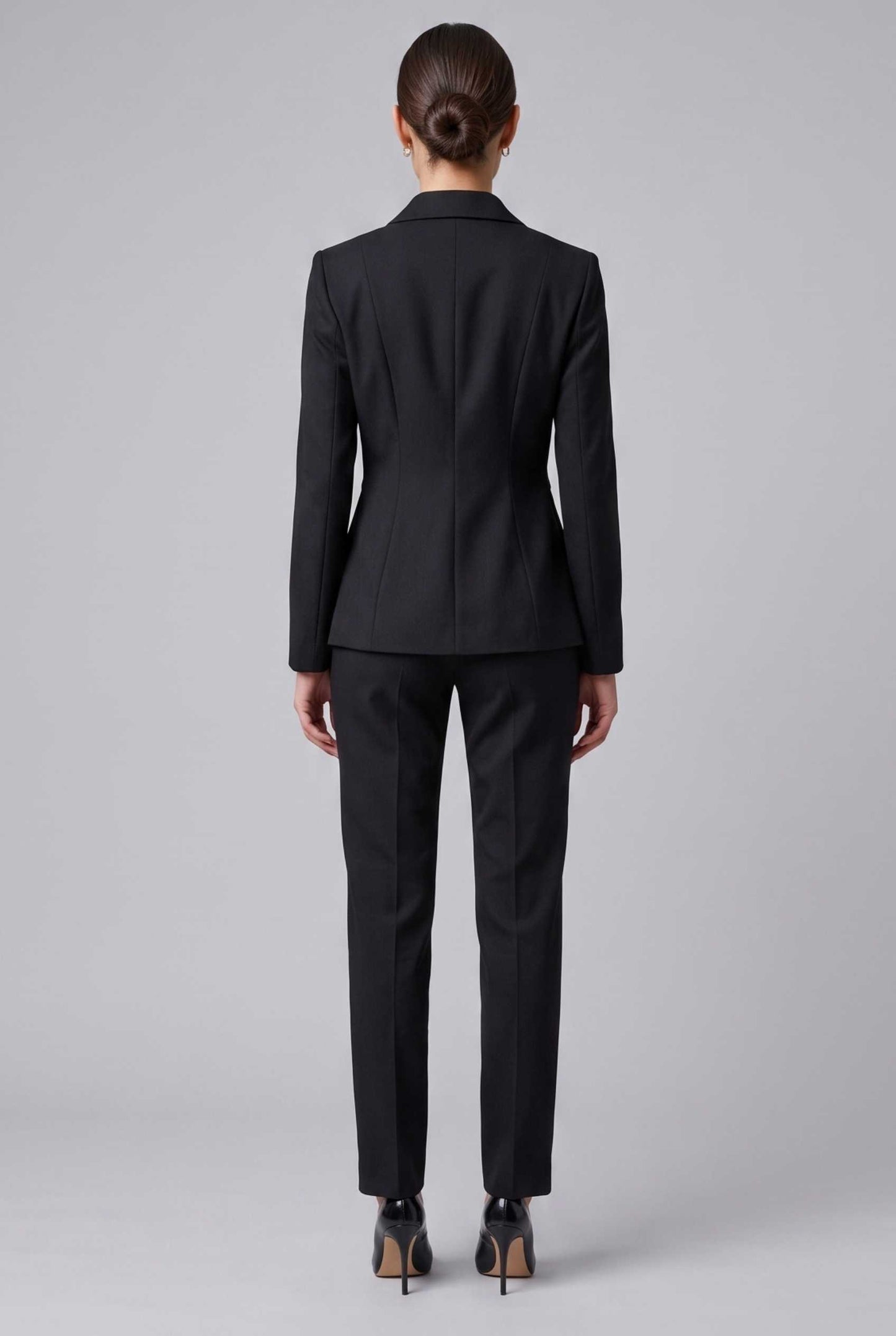 Virtual Model wearing The Victoria Tailored Blazer Slim-Fit Single-Button Black Tailored Blazer