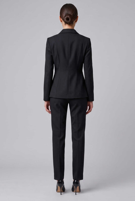 Virtual Model wearing The Victoria Tailored Blazer Slim-Fit Single-Button Black Tailored Blazer