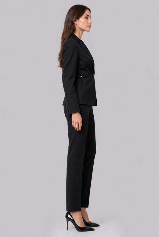 Virtual Model wearing The Victoria Tailored Blazer Slim-Fit Single-Button Black Tailored Blazer