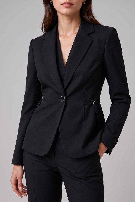 Virtual Model wearing The Victoria Tailored Blazer Slim-Fit Single-Button Black Tailored Blazer
