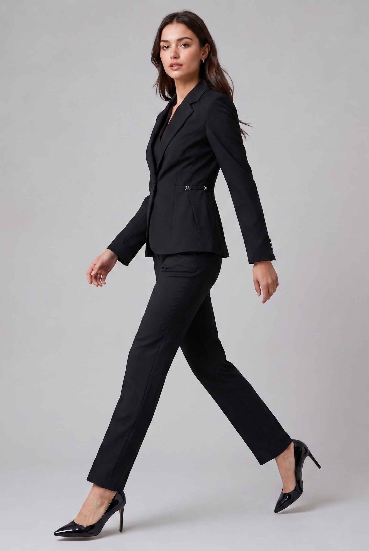 Virtual Model wearing The Victoria Tailored Blazer Slim-Fit Single-Button Black Tailored Blazer
