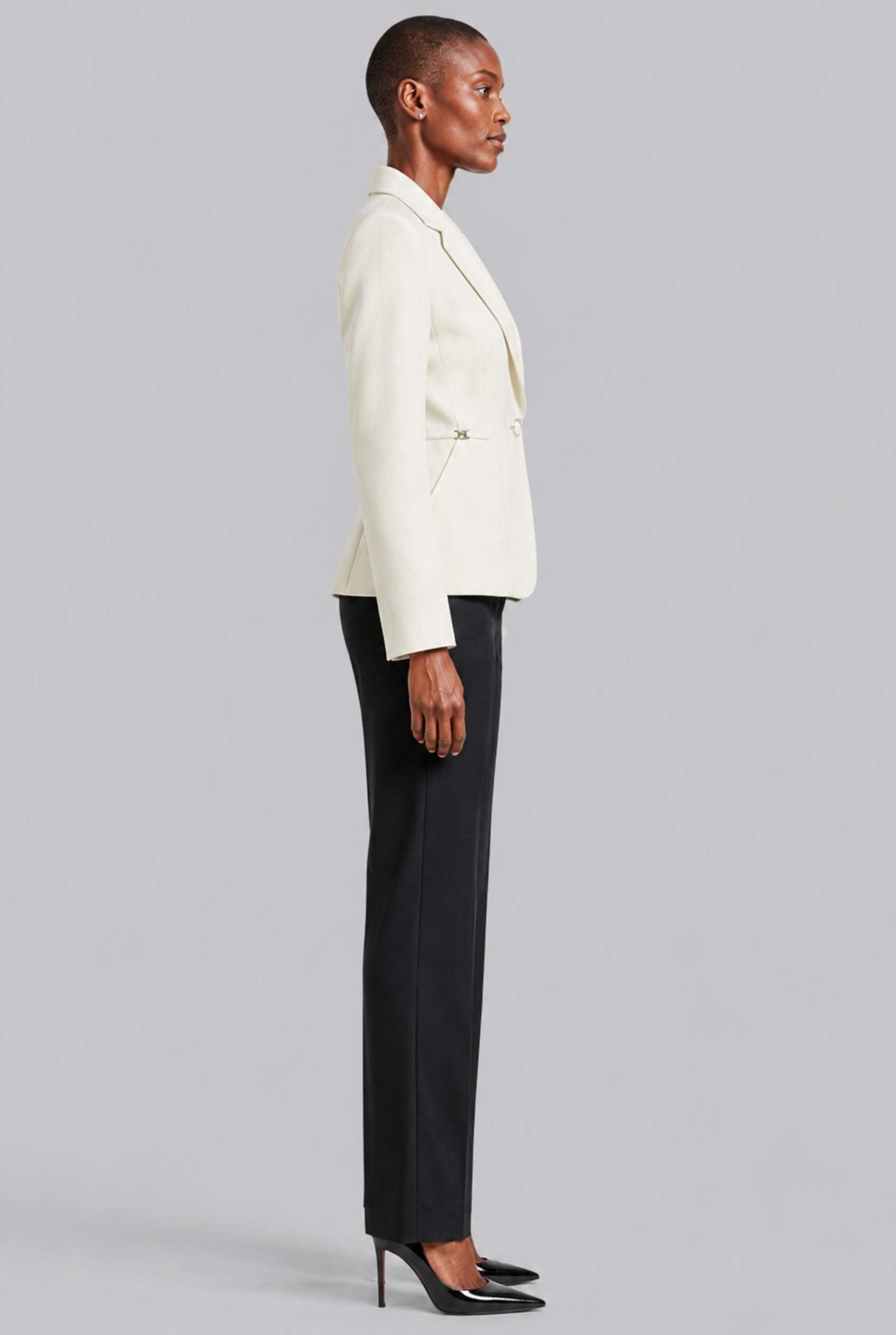 Virtual Model wearing The Victoria Tailored Blazer Slim-Fit Single-Button Off White Tailored Blazer